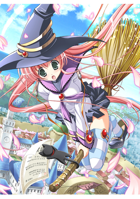 mitsui mana, non-web source, 1girl, black cat, black shoes, brooch, broom, broom riding, building, cat, cherry blossoms, city, d:, day, dutch angle, female focus, flying, green eyes, hat, jewelry, long hair, long sleeves, miniskirt, open mouth, outdoors, petals, pink hair, pleated skirt, shoe dangle, shoes, skirt, sky, solo, star (symbol), striped clothes, striped thighhighs, tareme, thighhighs, turtleneck, twintails, very long hair, witch hat