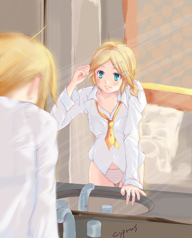 cyprus (circle), kagamine rin, vocaloid, adjusting hair, ahoge, aqua eyes, blonde hair, faucet, mirror, neckerchief, panties, sink, striped clothes, striped panties, underwear