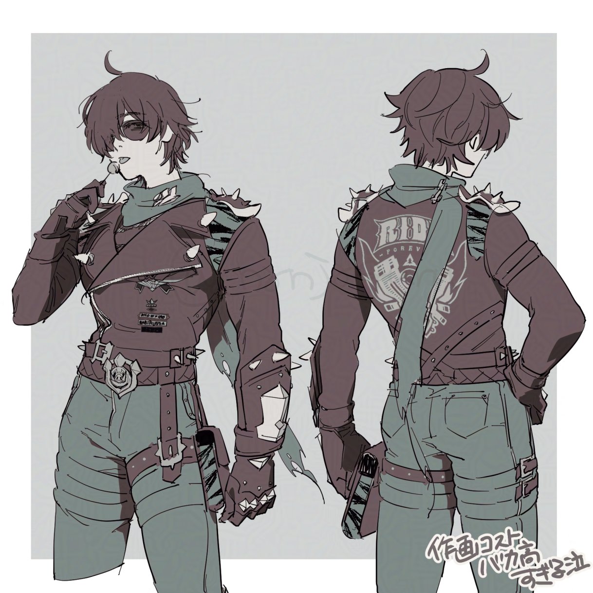 lighter (zenless zone zero), zenless zone zero, highres, 1boy, alternate hair color, belt, black hair, border, candy, chanjaguru, food, from behind, green pants, green scarf, grey background, hair over one eye, hand on own hip, holding, holding candy, holding food, holding lollipop, jacket, leather, leather jacket, lollipop, male focus, pants, pouch, scarf, short hair, shoulder spikes, solo, spiked jacket, spikes, studded gloves, sunglasses, thigh pouch, tongue, tongue out, torn clothes, torn scarf, white border
