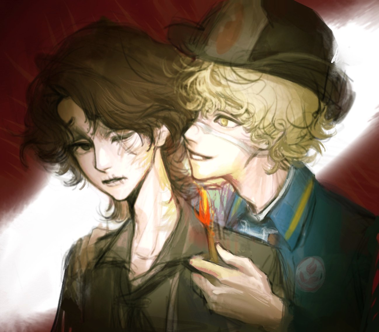 florian brand, matthias czernin, identity v, 2boys, adam's apple, ascot, bandaged head, bandages, black ascot, black shirt, blonde hair, blue jacket, brown eyes, brown hair, cross stitch, curly hair, frown, grin, head tilt, holding matchstick, jacket, karimichi0718, looking at another, male focus, multiple boys, one eye closed, shirt, smile, stitched mouth, stitches, wavy hair, yellow eyes