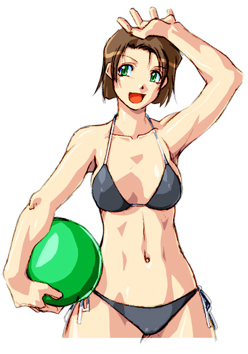 qkat (arikawa-dou), tsujimoto natsumi, taiho shichauzo, 1girl, :d, arm up, ball, beachball, bikini, blue bikini, breasts, brown hair, collarbone, female focus, green eyes, grey bikini, holding, navel, open mouth, short hair, side-tie bikini bottom, simple background, smile, solo, swimsuit, white background