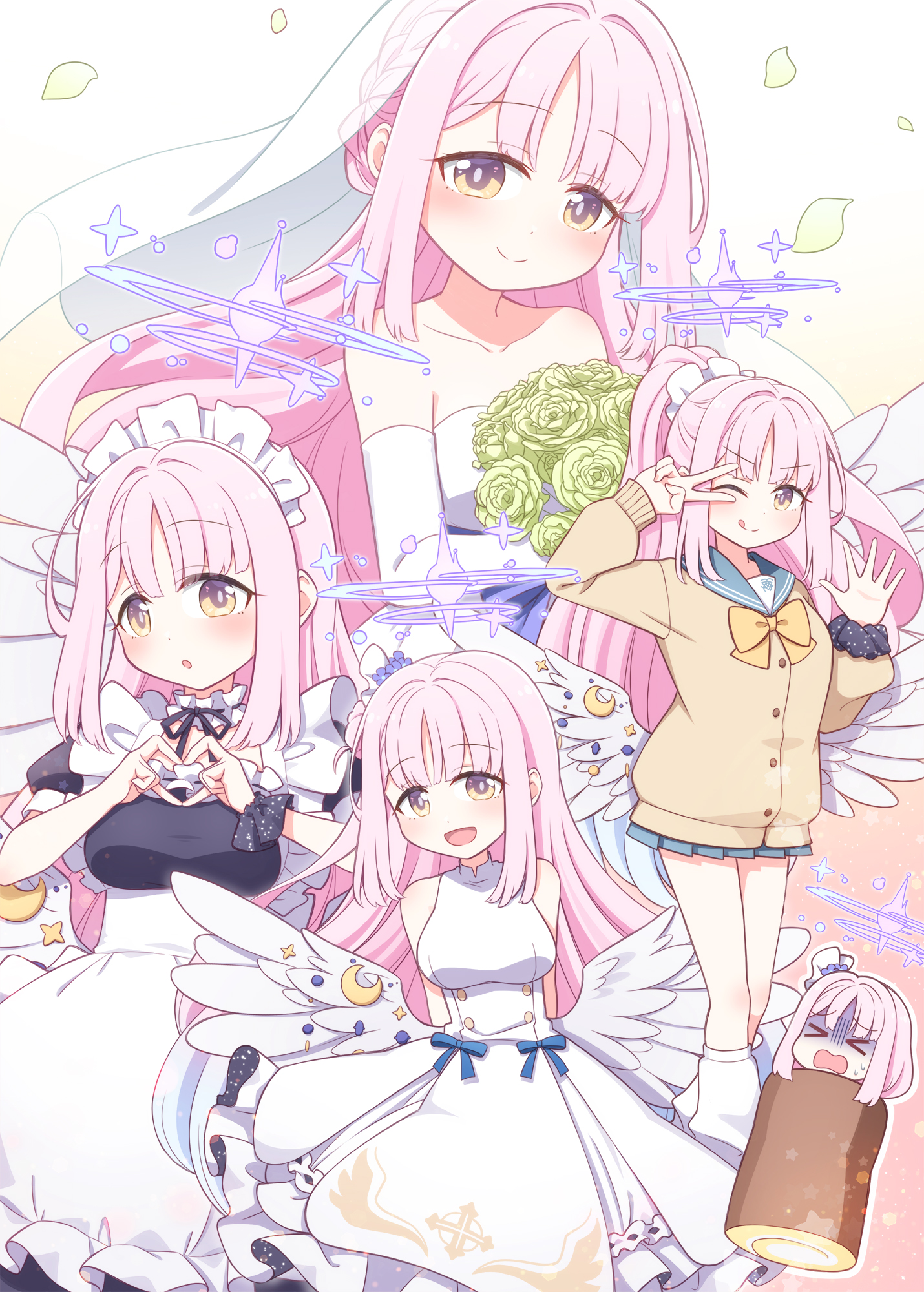 harada (sansei rain), mika (blue archive), blue archive, commentary request, highres, > <, 1girl, :d, :o, :q, alternate costume, apron, blue skirt, bouquet, breasts, bridal veil, brown cardigan, cardigan, closed mouth, dress, enmaided, feathered wings, flower, four-finger heart hands, gloves, hair bun, halo, heart, heart hands, high ponytail, holding, holding bouquet, large breasts, long hair, long sleeves, loose socks, maid, maid headdress, miniskirt, multiple views, open mouth, pink hair, pleated skirt, ponytail, purple halo, school uniform, scrunchie, serafuku, single side bun, skirt, sleeveless, sleeveless dress, smile, socks, sweet roll, tongue, tongue out, veil, wedding dress, white dress, white gloves, white socks, white wings, wings, yellow eyes