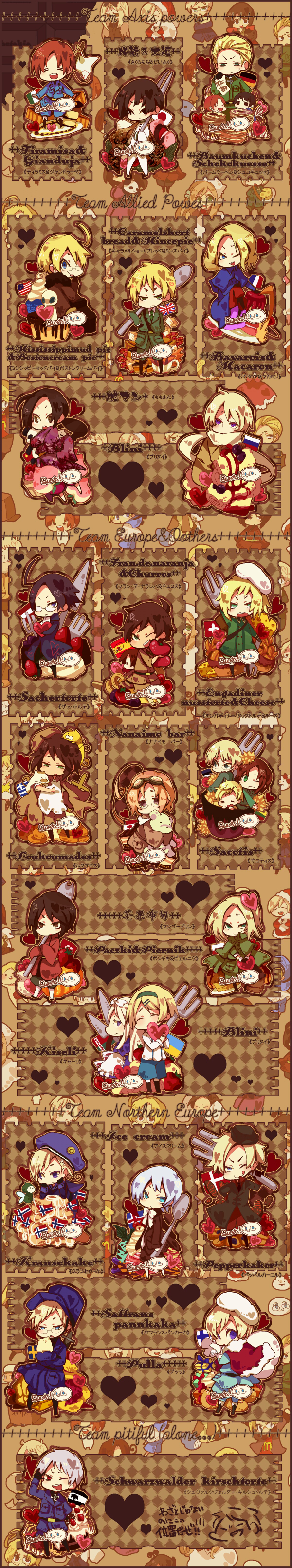 momomomomomomo, mondorera, america (hetalia), austria (hetalia), belarus (hetalia), canada (hetalia), china (hetalia), denmark (hetalia), estonia (hetalia), finland (hetalia), france (hetalia), germany (hetalia), greece (hetalia), hong kong (hetalia), iceland (hetalia), japan (hetalia), kumajirou (hetalia), latvia (hetalia), lithuania (hetalia), northern italy (hetalia), norway (hetalia), poland (hetalia), prussia (hetalia), russia (hetalia), southern italy (hetalia), spain (hetalia), sweden (hetalia), switzerland (hetalia), ukraine (hetalia), united kingdom (hetalia), axis powers hetalia, eyebrows, absurdres, bad id, bad pixiv id, highres, long image, tall image, translation request, 00s, 2girls, 6+boys, = =, ahoge, cake, cherry, chibi, dessert, flag, food, fork, fruit, heart, knife, multiple boys, multiple girls, spoon, stuffed animal, stuffed toy, teddy bear