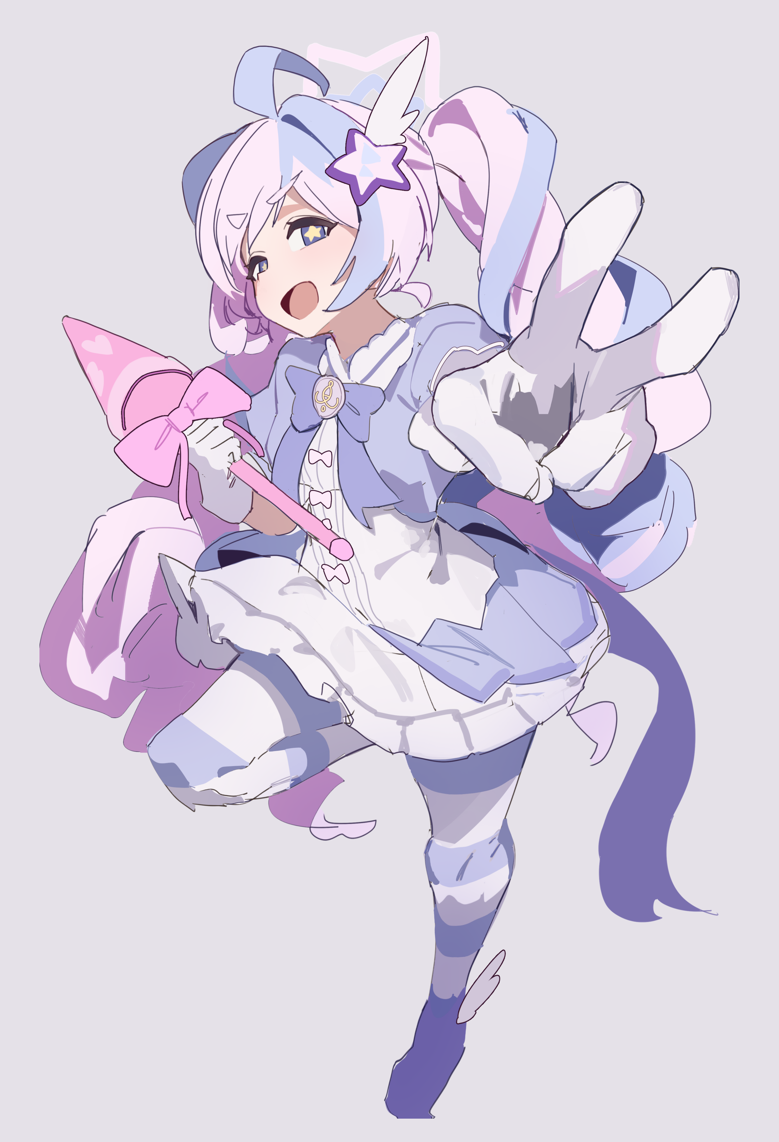 gya rb, reisa (blue archive), blue archive, absurdres, highres, 1girl, ahoge, blue hair, dress, full body, gloves, grey background, holding, holding wand, looking at viewer, multicolored hair, open mouth, pantyhose, pink hair, reisa (magical) (blue archive), simple background, smile, solo, standing, standing on one leg, star-shaped pupils, star (symbol), striped clothes, striped pantyhose, symbol-shaped pupils, twintails, two-tone hair, v, wand, white gloves