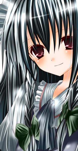 nanase nao, izayoi sakuya, embodiment of scarlet devil, touhou, silver hair, bad id, bad pixiv id, 1girl, braid, female focus, hair ribbon, red eyes, ribbon, solo, twin braids, upper body