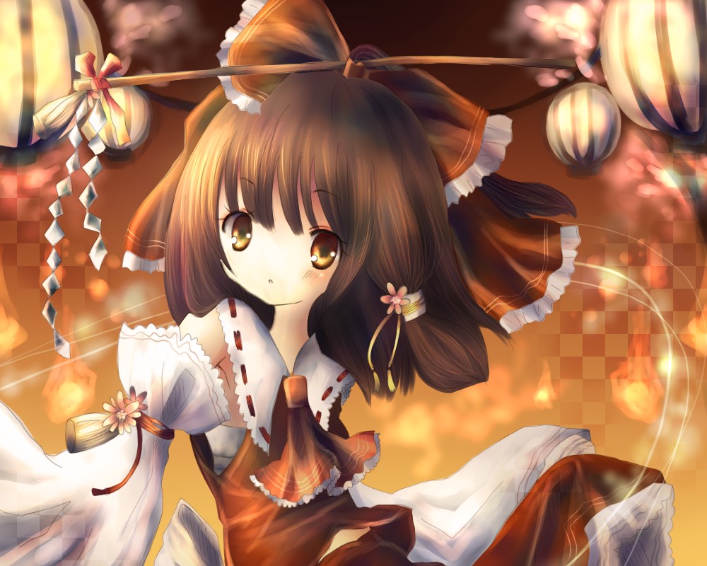 kohinata raichi, hakurei reimu, perfect cherry blossom, touhou, bad id, bad pixiv id, 1girl, brown hair, detached sleeves, female focus, gohei, gradient background, hair ornament, japanese clothes, lantern, miko, sarashi, solo