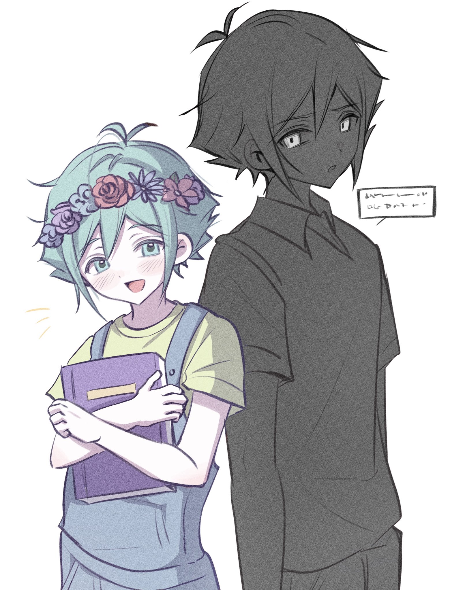 basil (headspace) (omori), basil (omori), stranger (omori), omori, highres, 2boys, antenna hair, black hair, black shirt, black skin, black sweater vest, blue overalls, blush, collared shirt, colored skin, double-parted bangs, dual persona, flower wreath, green eyes, green hair, green shirt, hair between eyes, head wreath, looking at viewer, male focus, multiple boys, open mouth, overalls, parted lips, shirt, short hair, short sleeves, sidelocks, simple background, smile, speech bubble, sweater vest, t-shirt, white background, white eyes, white skin, wktdms1