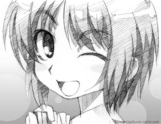 gofu, tsukuyomi komoe, toaru majutsu no index, traditional media, 00s, greyscale, monochrome, one eye closed, sketch, solo, wink
