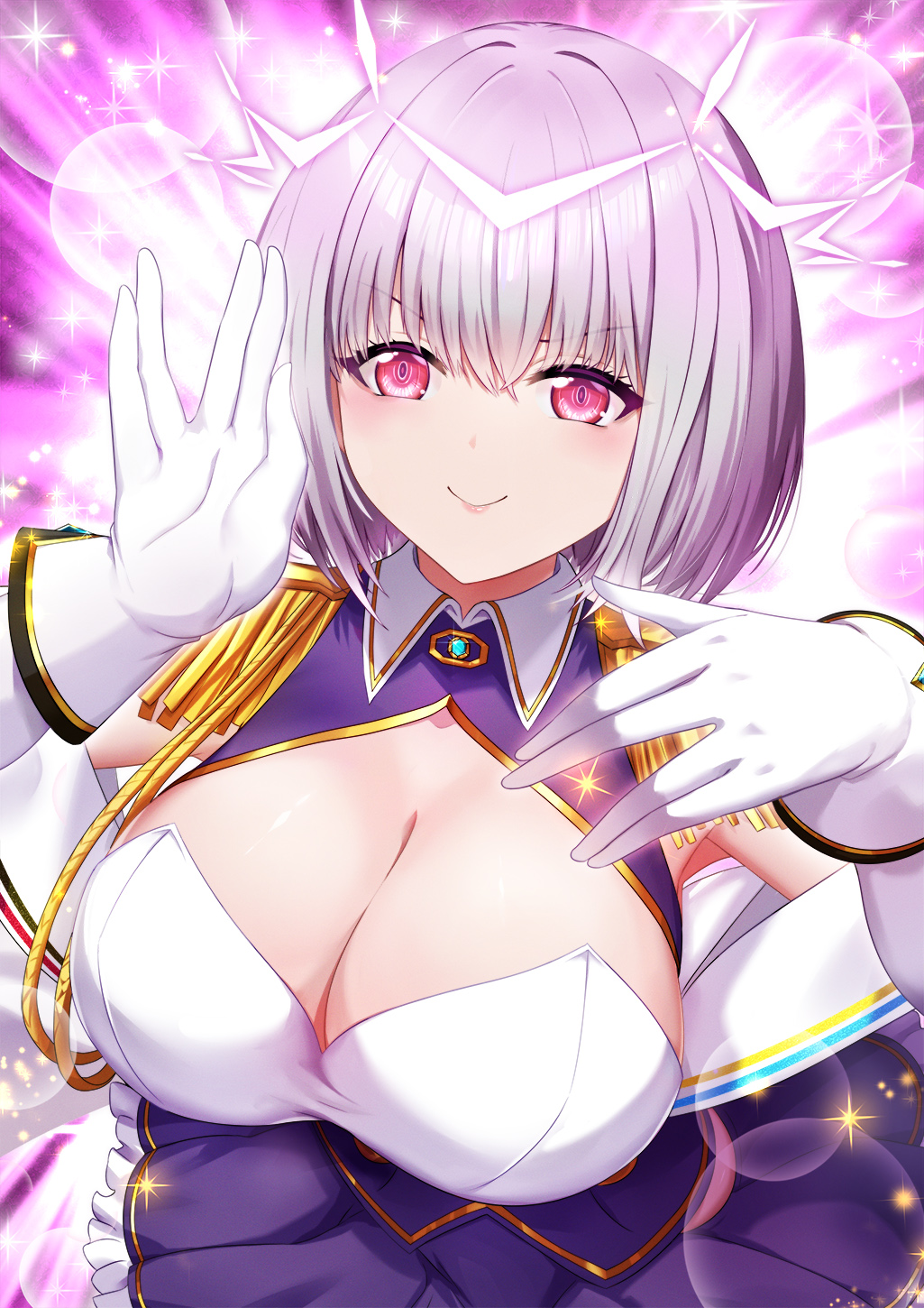 dtcy, shinjou akane, shinjou akane (new order), gridman universe, ssss.gridman, commentary request, highres, 1girl, breasts, cleavage, gloves, large breasts, purple eyes, purple hair, purple skirt, short hair, skirt, smile, solo, upper body, white gloves