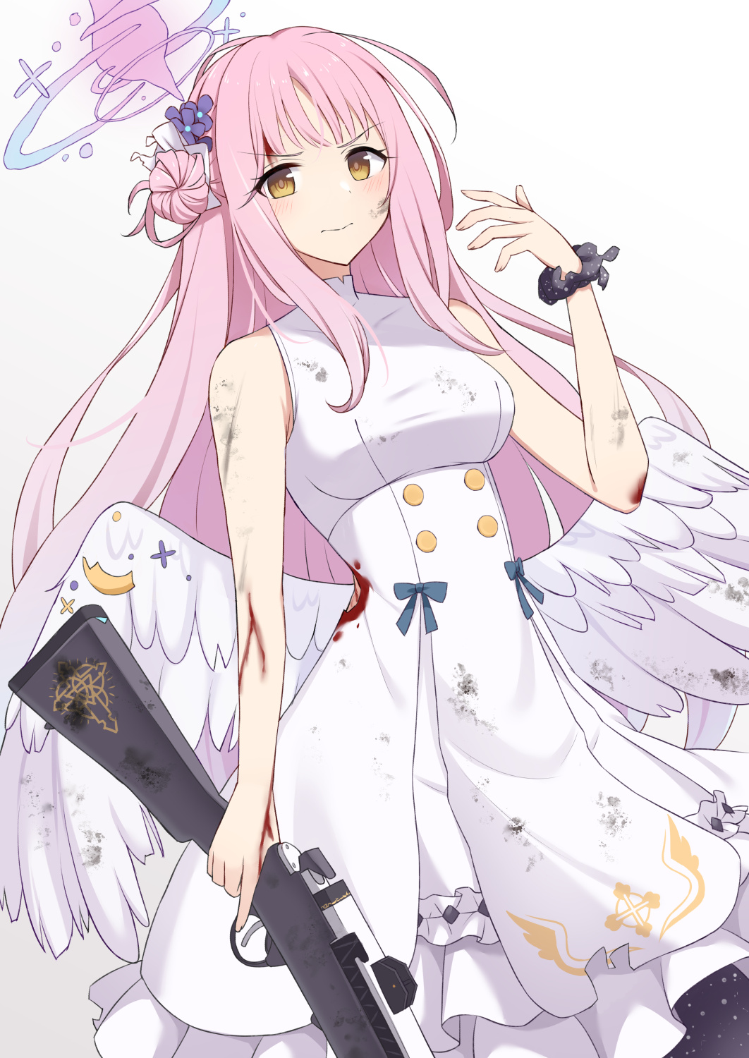 akahi (akahi242), mika (blue archive), blue archive, commentary request, highres, 1girl, angel wings, badge, black scrunchie, blood, blue ribbon, breasts, brown eyes, button badge, capelet, cowboy shot, dress, feathered wings, flower, frilled dress, frills, gun, hair bun, hair flower, hair ornament, halo, holding, holding gun, holding weapon, injury, lanchester smg, long hair, looking at viewer, low wings, medium breasts, pink hair, pink halo, ribbon, scrunchie, sidelocks, single hair bun, single side bun, sleeveless, sleeveless dress, solo, standing, submachine gun, weapon, white background, white dress, white wings, wings, wrist scrunchie, yellow eyes
