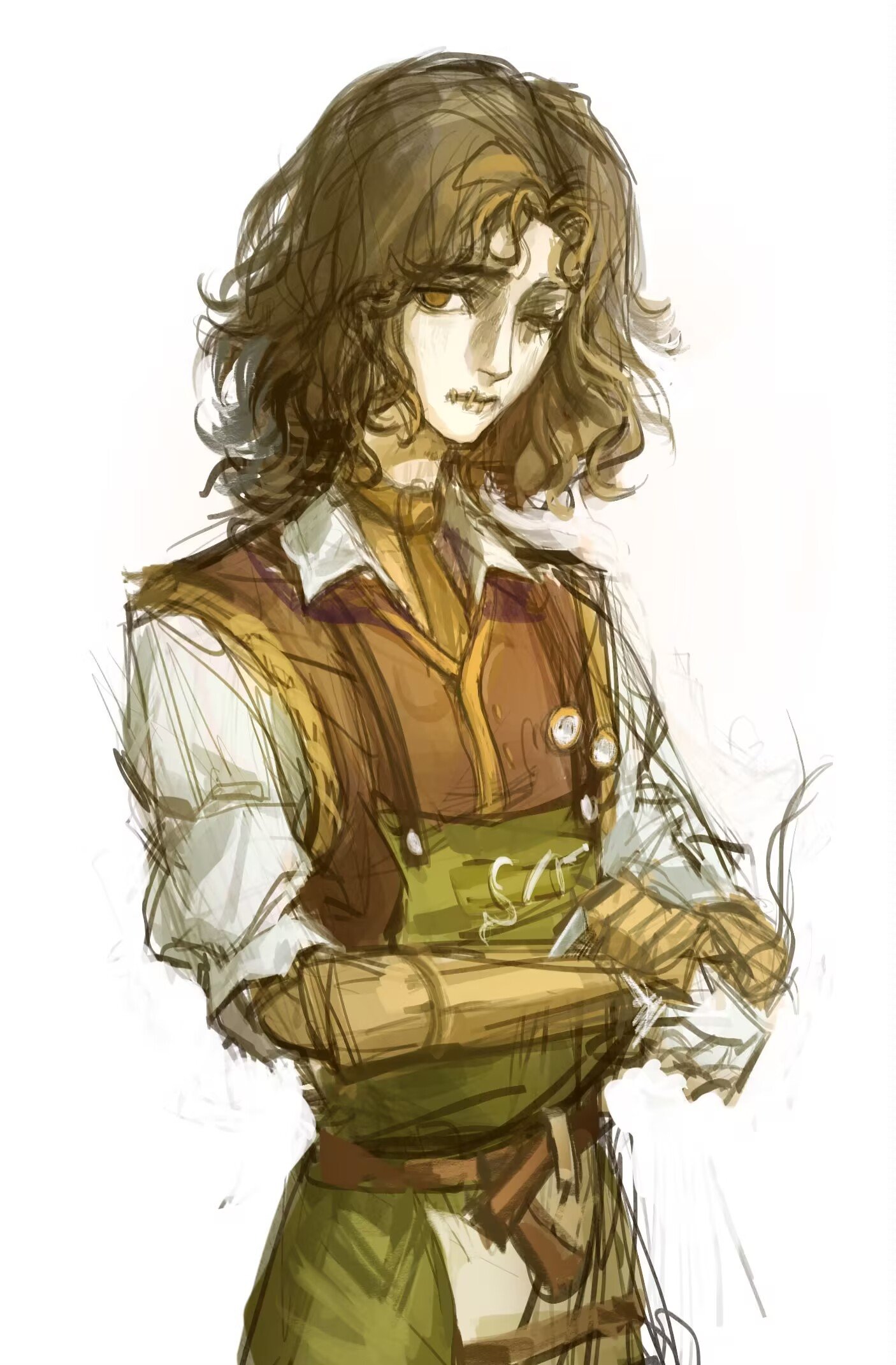 matthias czernin, matthias czernin (lignarius), identity v, highres, 1boy, apron, belt, brown belt, brown hair, brown vest, downturned eyes, frown, gloves, green apron, half-closed eye, hollow eyes, karimichi0718, male focus, medium hair, official alternate costume, shirt, single glove, stitched eye, stitched mouth, stitches, upper body, vest, wavy hair, white gloves, white shirt, wooden limbs