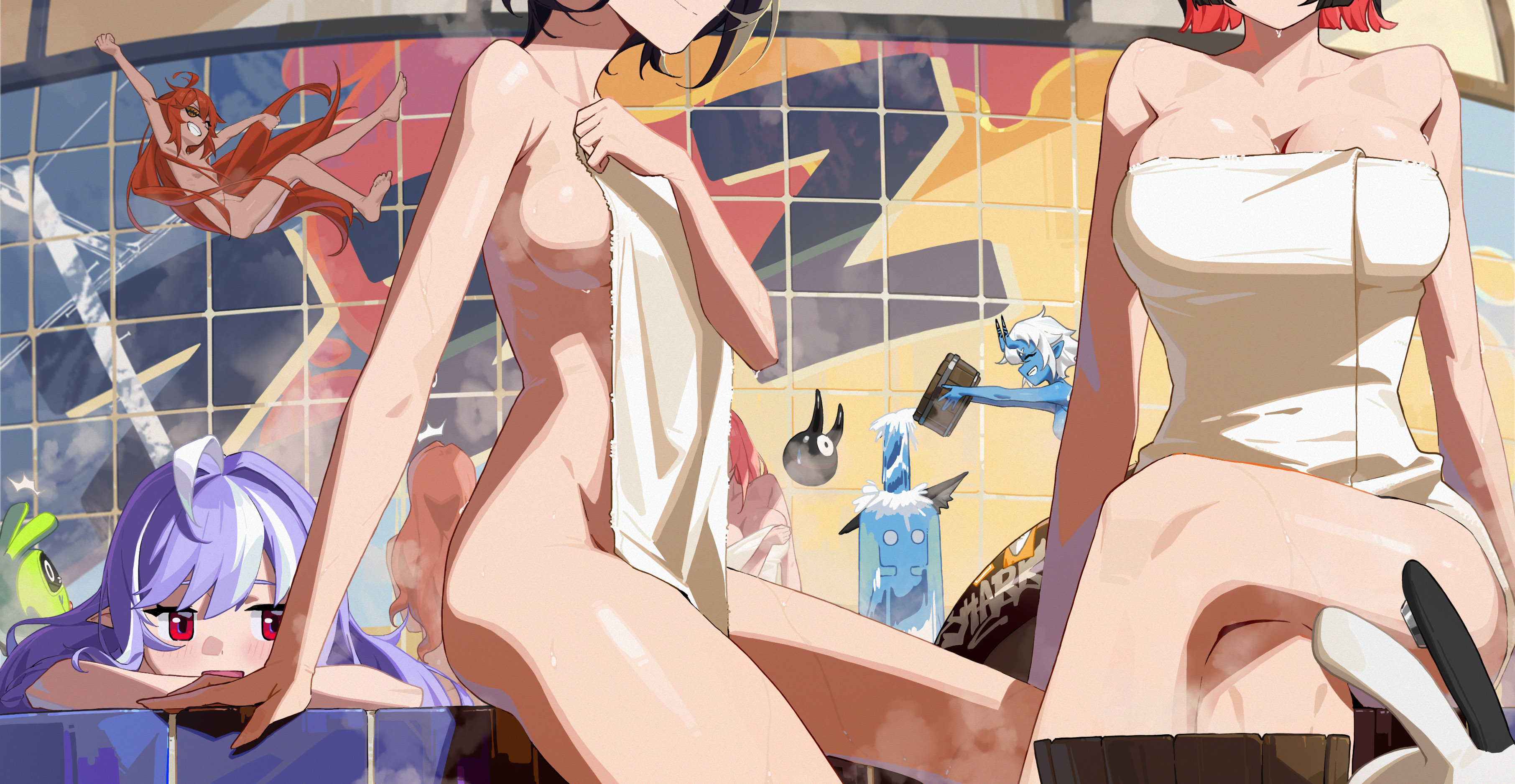 li-mi, amillion (zenless zone zero), bangboo (zenless zone zero), belle (zenless zone zero), ellen joe, eous (zenless zone zero), hoshimi miyabi, koleda belobog, nicole demara, soukaku (zenless zone zero), tailless (zenless zone zero), tsukishiro yanagi, vivian banshee, zenless zone zero, absurdres, highres, 6+girls, ^^^, animal ears, bath, bathroom, black hair, blue skin, breasts, cleavage, colored skin, completely nude, crossed legs, fins, fish tail, fox ears, holding, holding towel, horns, large breasts, long hair, medium breasts, multicolored hair, multiple girls, naked towel, nude, purple eyes, red eyes, red hair, shark girl, shark tail, short hair, sitting, smile, streaked hair, tail, towel, two-tone hair, very long hair, wet, white hair