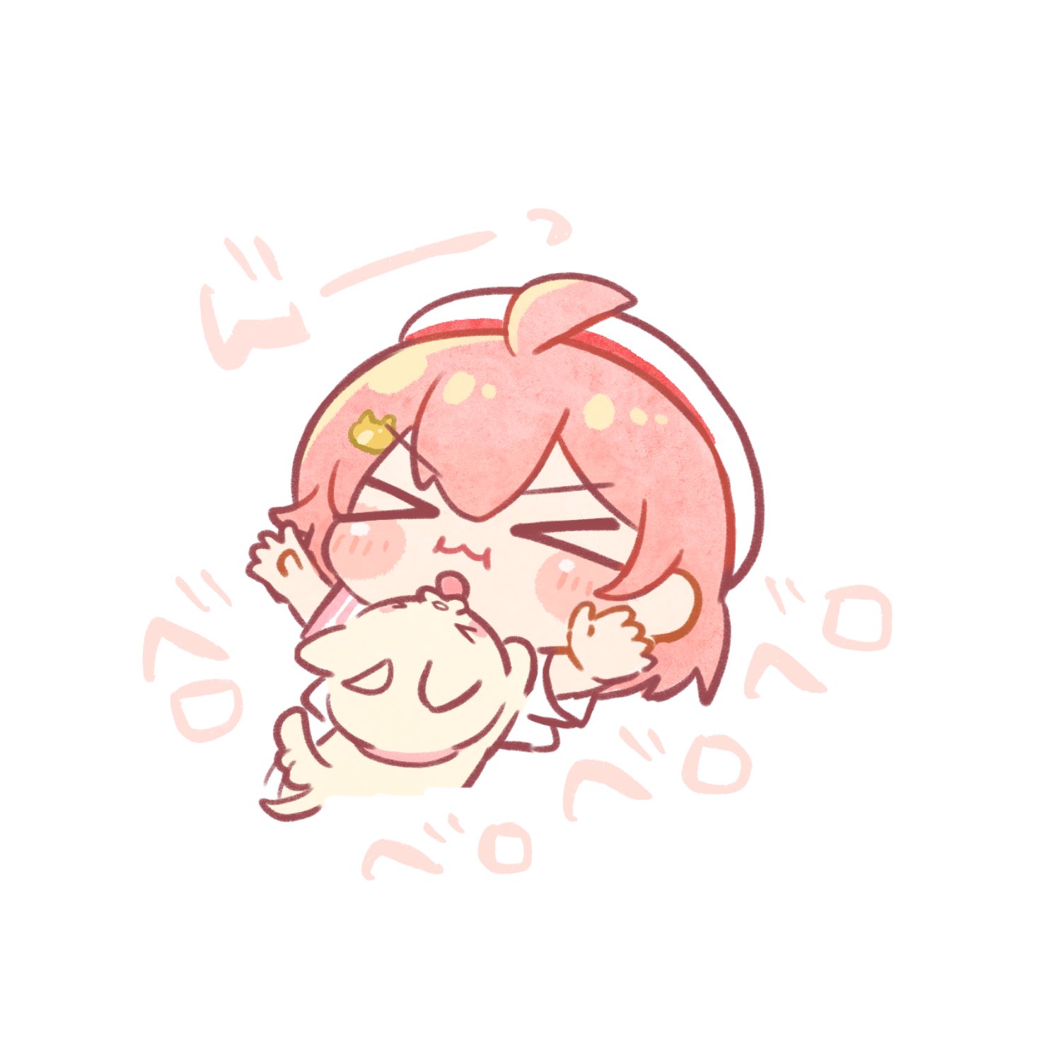 shiechyan, sakura miko, sakura miko (school uniform), hololive, hololive english, commentary, hashtag-only commentary, highres, translation request, > <, 1girl, ahoge, blush, blush stickers, cat hair ornament, closed eyes, closed mouth, dog, hair ornament, hat, medium hair, pink hair, school uniform, serafuku, short sleeves, simple background, tail, tail wagging, virtual youtuber, white background, white hat, white serafuku, yellow dog