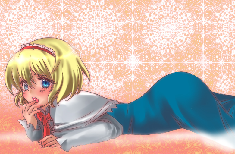m-ma, alice margatroid, touhou, bad id, bad pixiv id, 1girl, ass, blonde hair, blue eyes, female focus, hairband, lying, short hair, solo