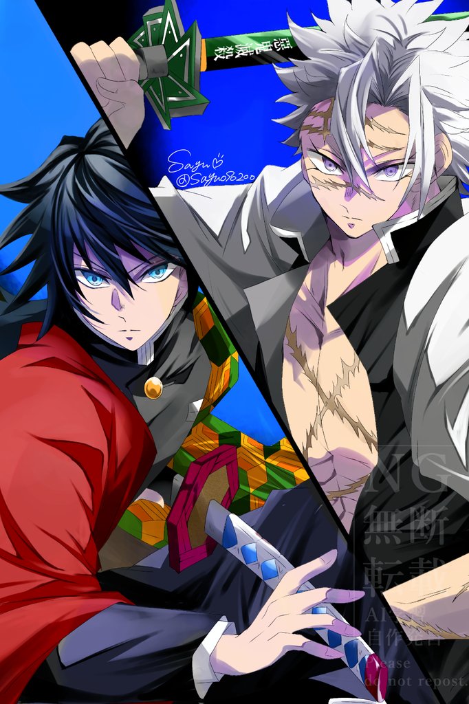 sayu090200, shinazugawa sanemi, tomioka giyuu, kimetsu no yaiba, 2boys, belt, black hair, black jacket, black pants, blue background, buttons, demon slayer uniform, gold buttons, grey hair, haori, high collar, jacket, japanese clothes, kikkoumon, looking at viewer, low ponytail, male focus, multiple boys, open clothes, open jacket, pants, ponytail, print haori, purple eyes, red haori, scar, spiked hair, twitter username, watermark, white belt