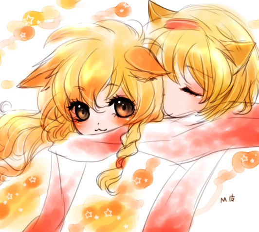 m-ma, alice margatroid, kirisame marisa, perfect cherry blossom, touhou, bad id, bad pixiv id, 2girls, :3, animal ears, blonde hair, braid, cat ears, cat girl, closed eyes, female focus, long hair, multiple girls, scarf, shared clothes, shared scarf, short hair, yellow eyes