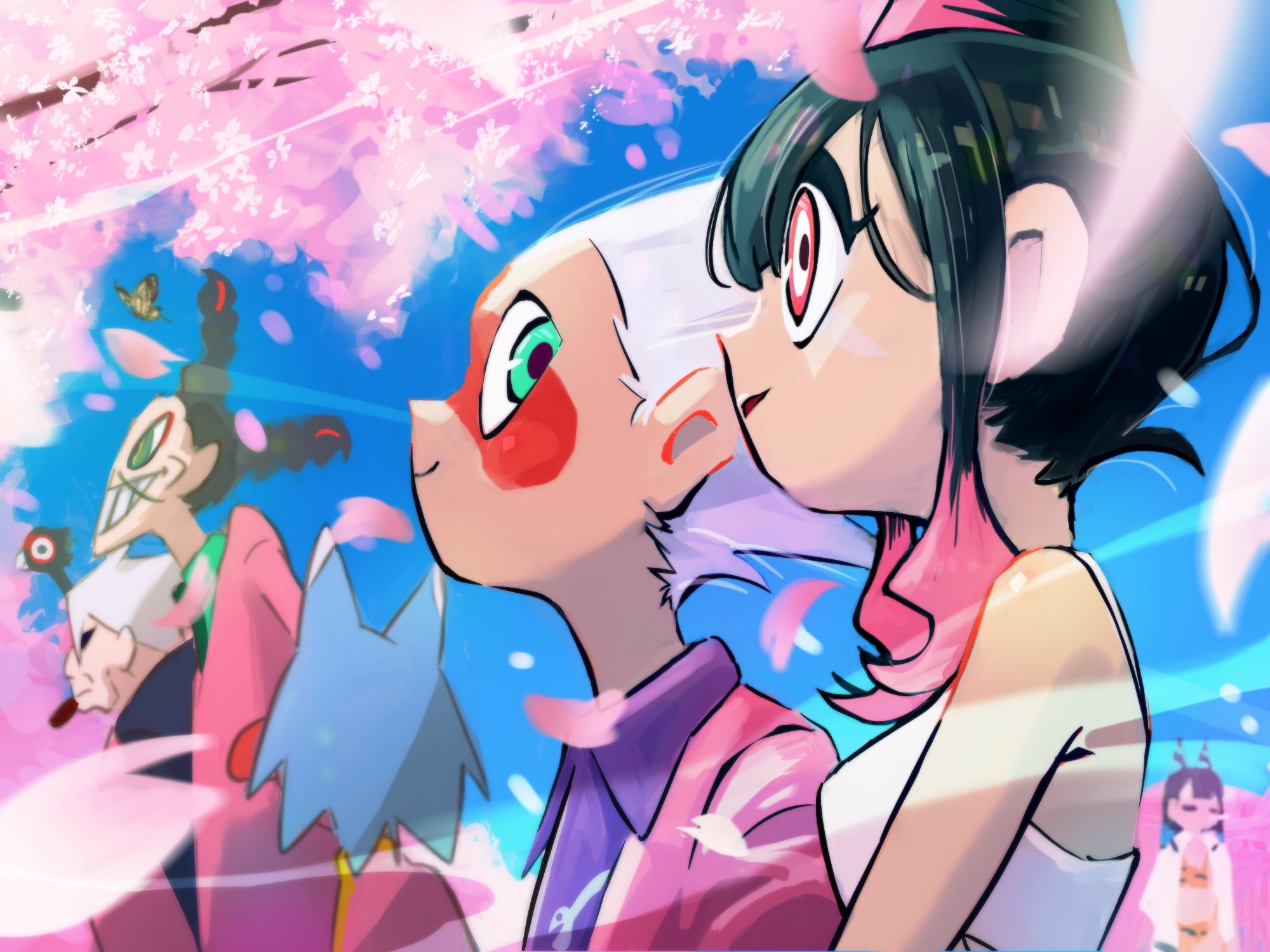shimatsuku, commentary request, highres, 3boys, 3girls, animal ears, bare shoulders, bird, black hair, blue hair, blue sky, blurry, blurry background, boss (jouzai), braid, bug, butterfly, cherry blossoms, collared shirt, colored tips, cone hair bun, day, dog ears, ete (jouzai), facial mark, falling petals, from side, gozuki (jouzai), green eyes, grin, hair bun, hair horns, insect, jacket, jouzai (song), looking ahead, looking at another, looking to the side, medium hair, mezu (jouzai), milestone celebration, multicolored hair, multiple boys, multiple girls, muyangquan (jouzai), outdoors, parted lips, petals, pheasance (jouzai), pheasant, pink eyes, pink hair, pink jacket, profile, purple shirt, shirt, short hair, side-by-side, sidelocks, sky, smile, spiked hair, tongue, tongue out, tree, tri braids, upper body, white hair