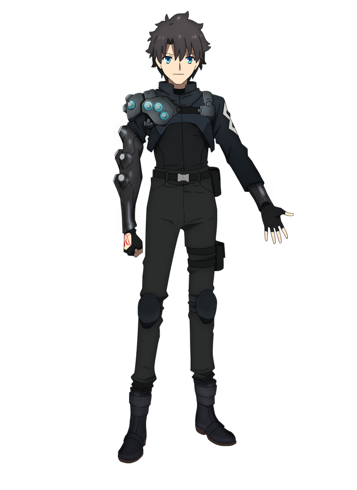 fujimaru ritsuka (male), fujimaru ritsuka (male) (seven heaven mystic code), fate/grand order, fate (series), non-web source, official art, 1boy, armor, belt, black armor, black belt, black boots, black gloves, black hair, black pants, black shirt, blue eyes, boots, clenched hand, closed mouth, command spell, fingerless gloves, full body, gloves, hair between eyes, knee pads, long sleeves, looking at viewer, male focus, official alternate costume, pants, pocket, shirt, short hair, shoulder armor, simple background, smile, solo, standing, thigh strap, transparent background