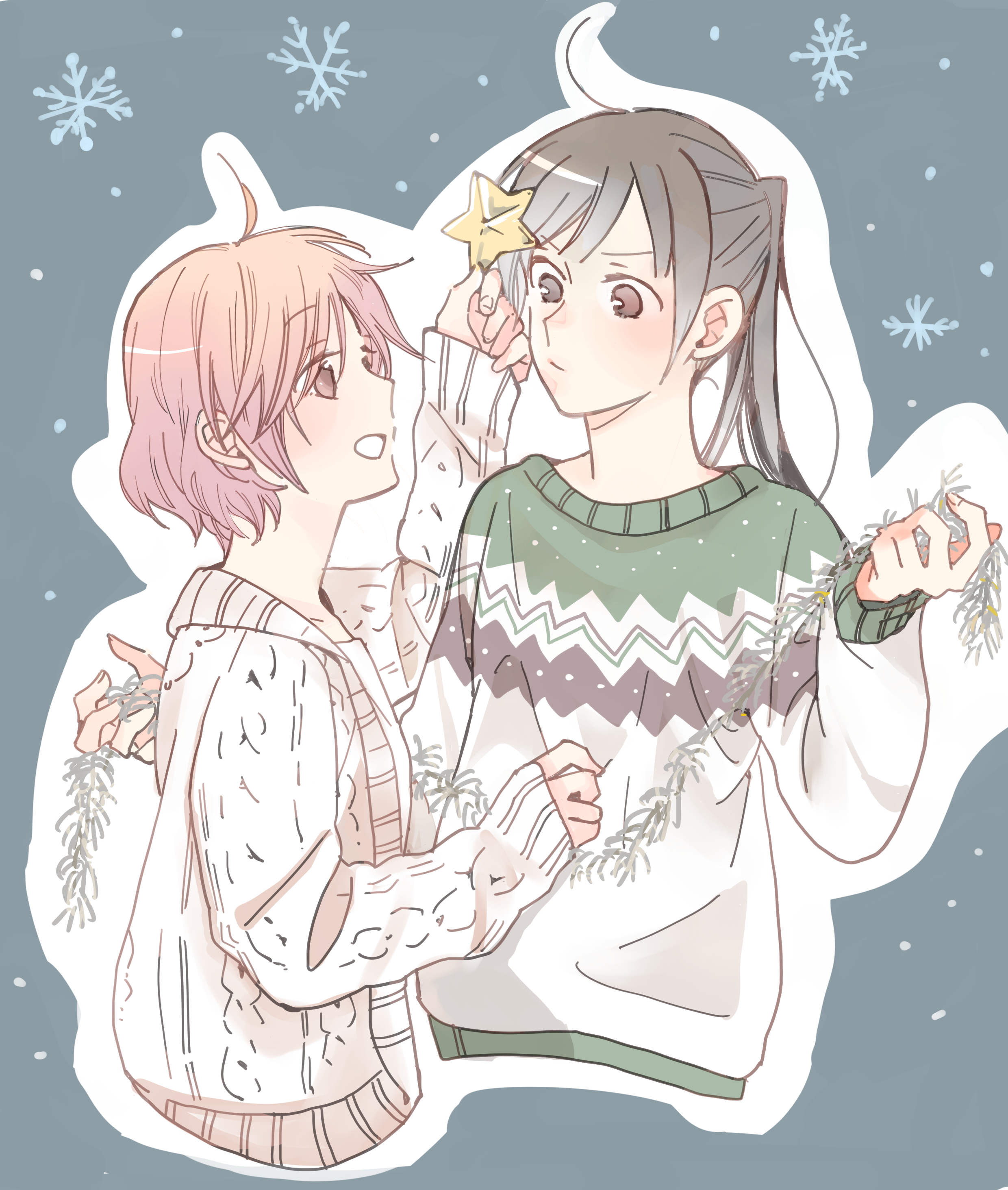 ponpocoponco, absurdres, highres, 2girls, ahoge, black hair, cropped torso, long hair, looking at another, maekawa akane, multiple girls, ponytail, red hair, shimizu makoto, short hair, snowflakes, still sick, sweater, upper body