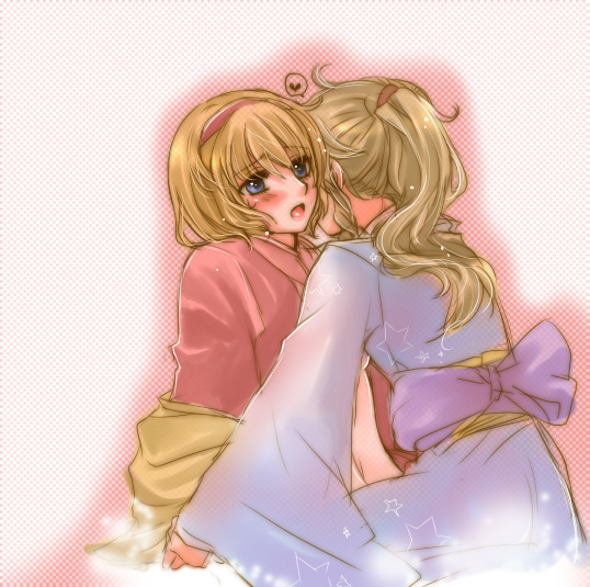 m-ma, alice margatroid, kirisame marisa, touhou, bad id, bad pixiv id, 2girls, alternate costume, alternate hairstyle, blonde hair, blue eyes, blush, female focus, hair ribbon, hairband, japanese clothes, kimono, long hair, multiple girls, open clothes, open mouth, open robe, ponytail, ribbon, robe, short hair, yuri
