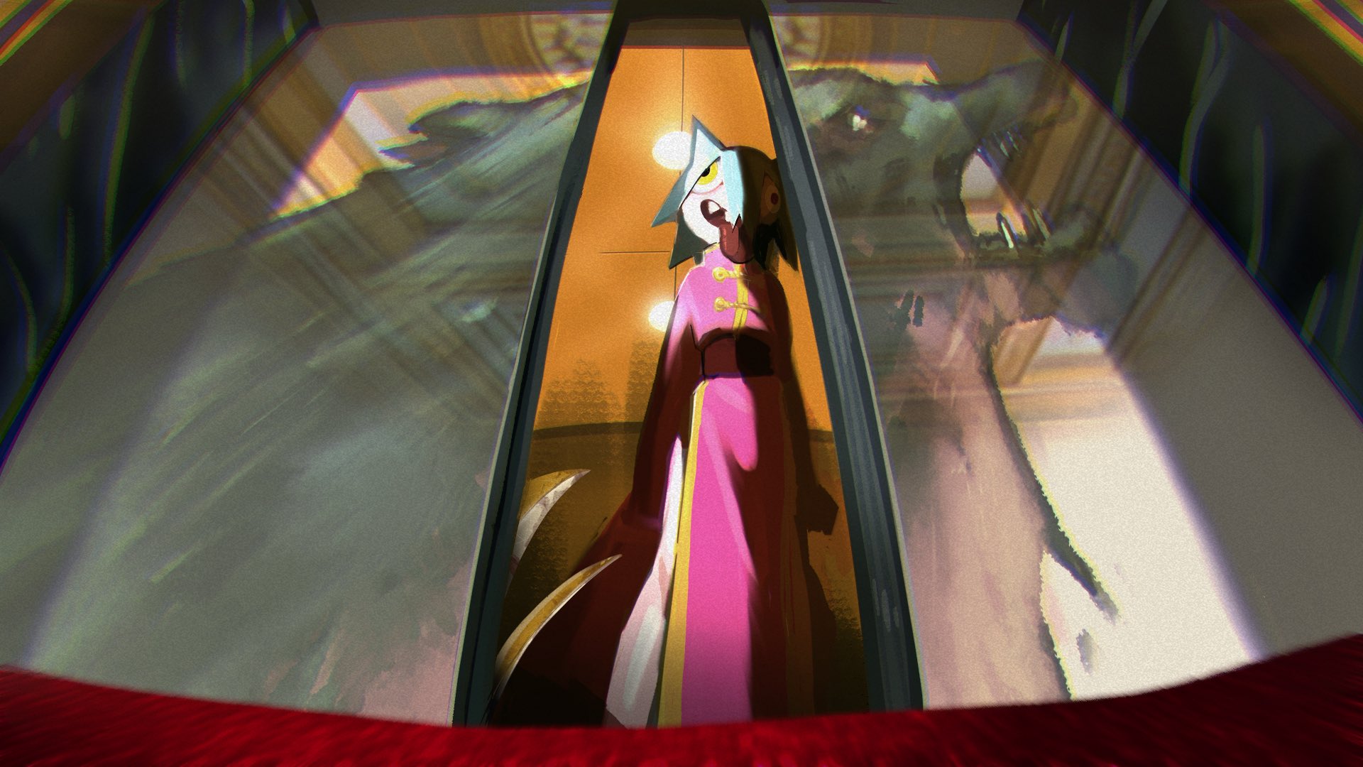 shimatsuku, commentary request, highres, 1girl, animal ears, arms at sides, asymmetrical sleeves, blue hair, china dress, chinese clothes, chromatic aberration, claw (weapon), dog ears, dog girl, dress, elevator, elevator door, fisheye, from below, full body, head tilt, indoors, jouzai (song), milestone celebration, muyangquan (jouzai), open mouth, opening door, pelvic curtain, pink dress, reflection, shadow, sharp teeth, smile, solo, standing, teeth, tongue, tongue out, uneven sleeves, wall-eyed, weapon, wide-eyed, wolf, yellow eyes