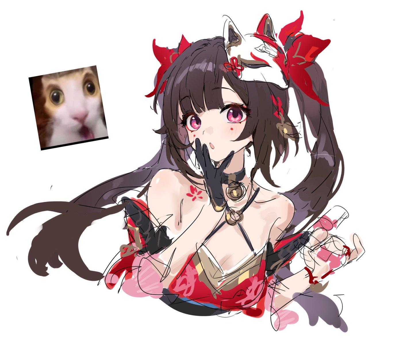 shisantian, sparkle (honkai: star rail), honkai: star rail, honkai (series), commentary, symbol-only commentary, 1girl, bare shoulders, bell, black choker, black gloves, black hair, butterfly in eye, choker, cropped torso, detached sleeves, facial mark, fox mask, gloves, hair ornament, hand up, jingle bell, long hair, looking at viewer, mask, mask on head, open mouth, photo inset, pink eyes, red shirt, shirt, solo, twintails