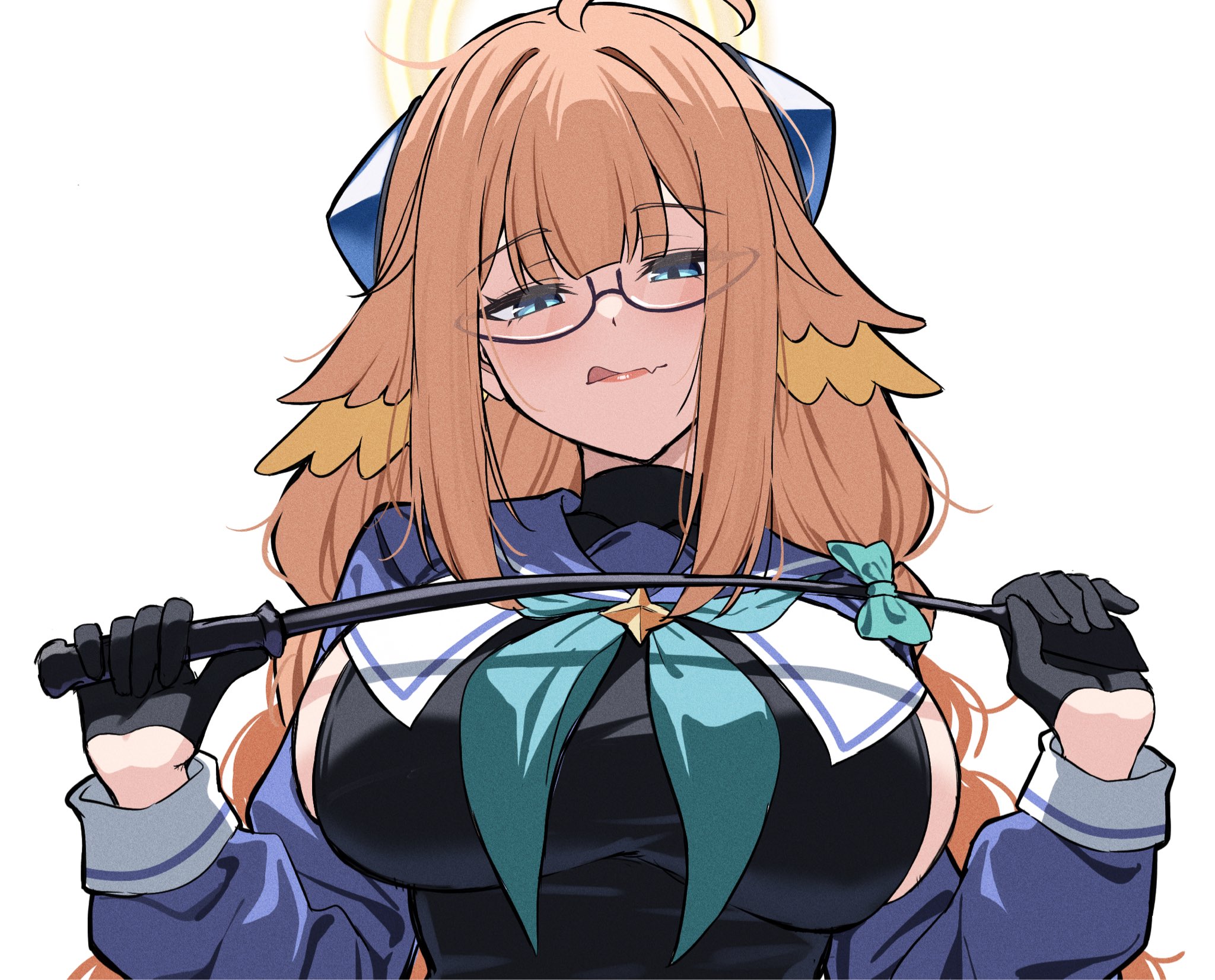 reia 76, shimiko (blue archive), blue archive, highres, aqua neckerchief, black gloves, black leotard, blue eyes, fang, glasses, gloves, halo, holding, holding wand, leotard, neckerchief, official alternate costume, orange hair, sailor collar, wand