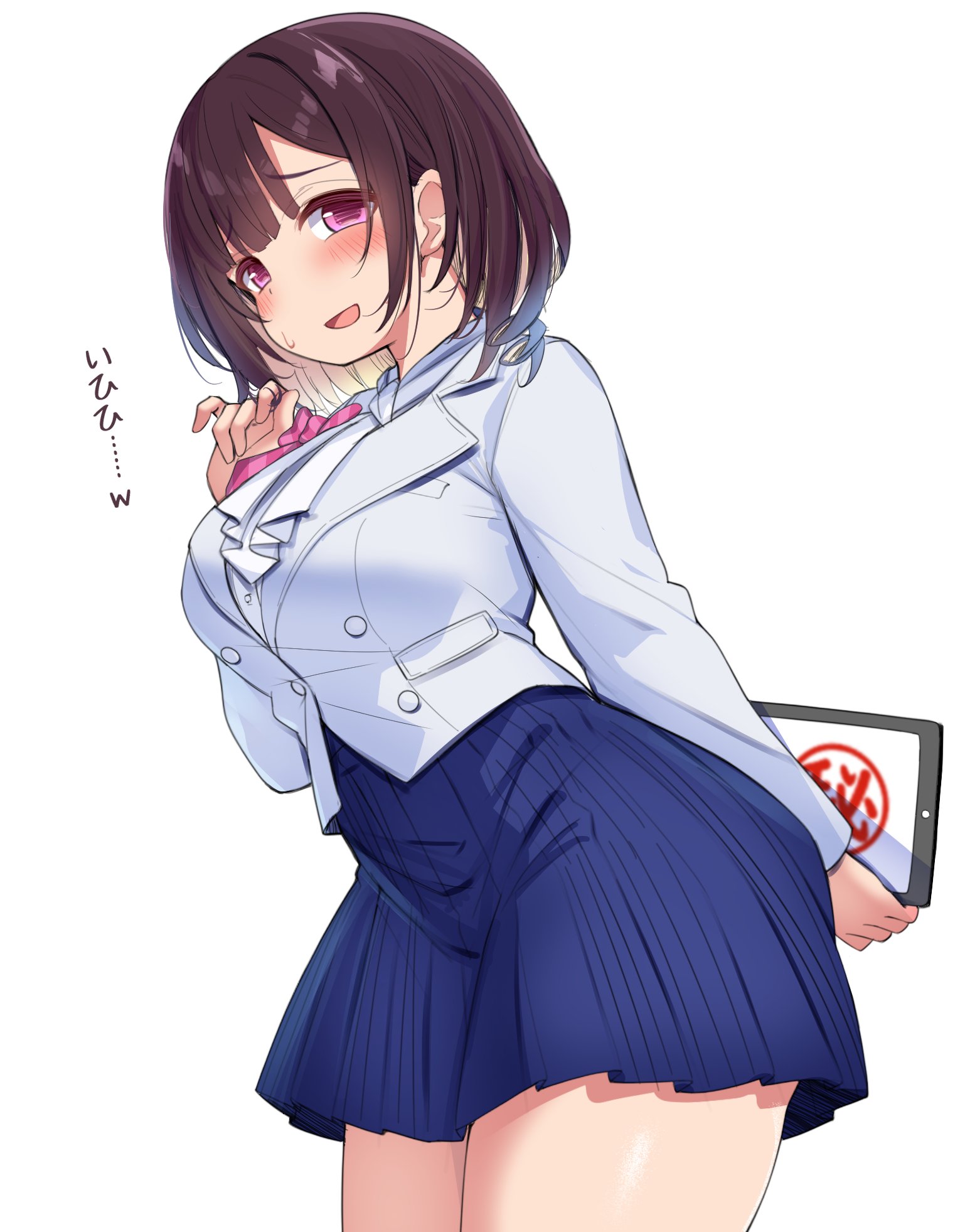sakanaya (sakanaya952), original, highres, 1girl, :d, blazer, blue skirt, blush, breasts, brown hair, colored inner hair, curvy, drawing tablet, jacket, large breasts, multicolored hair, open mouth, purple eyes, school uniform, shirt, short hair, simple background, skirt, smile, solo, tablet pc, thick thighs, thighs, two-tone hair, white background, white jacket, white shirt