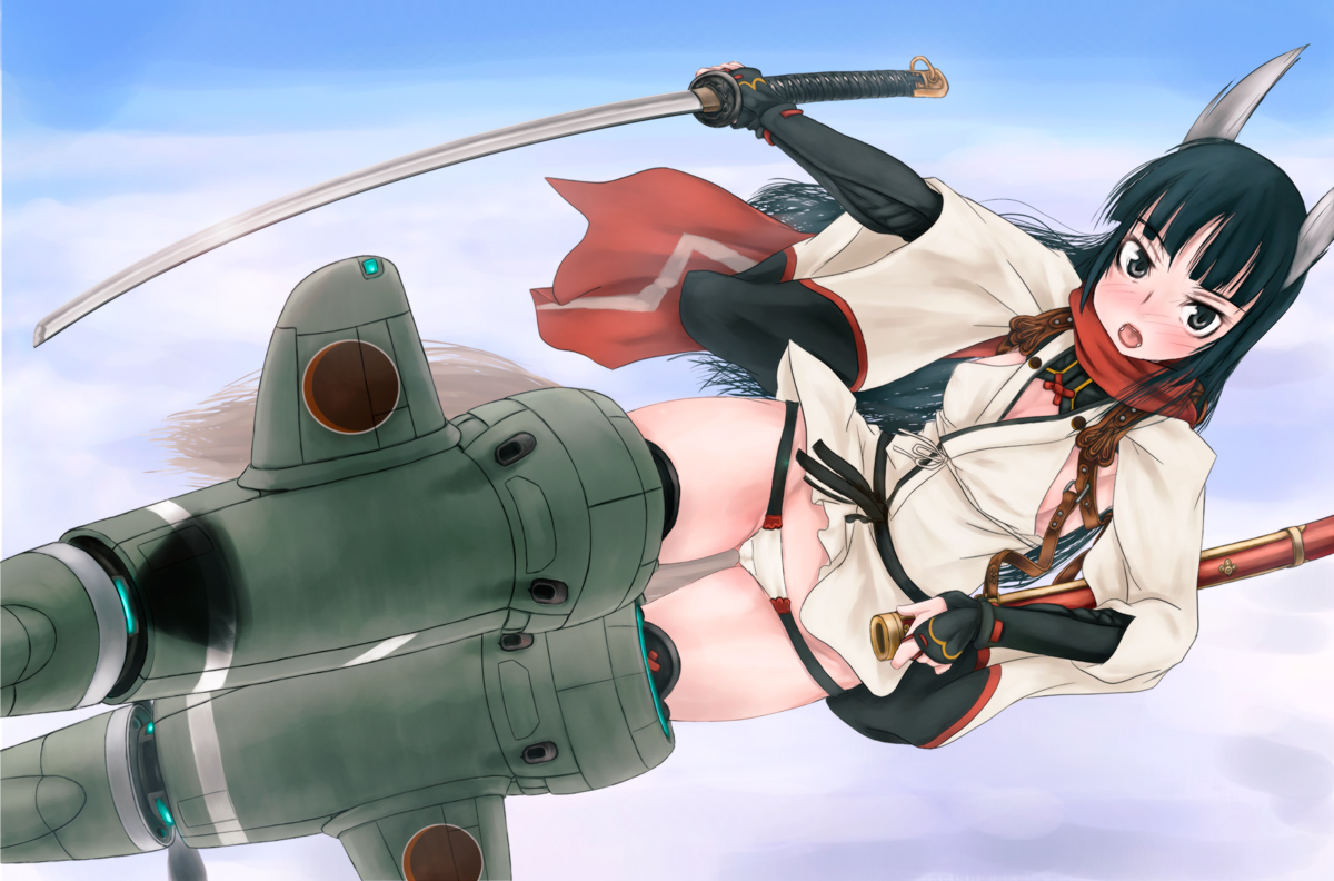 scharfschutze, anabuki tomoko, strike witches, strike witches: suomus misfits squadron, world witches series, 00s, 1girl, animal ears, black hair, female focus, japanese clothes, katana, long hair, panties, solo, striker unit, sword, underwear, weapon