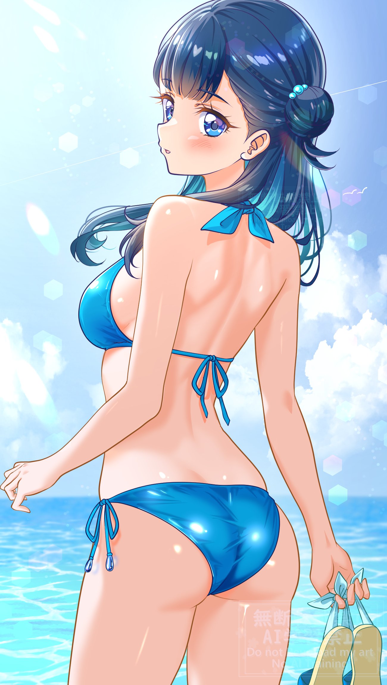 kakikakilemon, yakushiji saaya, hugtto! precure, precure, highres, 1girl, ass, back, beach, bikini, blue bikini, blue eyes, blue hair, blue sky, blush, breasts, day, hair bun, long hair, looking at viewer, medium breasts, ocean, outdoors, sand, sandals, single hair bun, sky, smile, solo, swimsuit, unworn sandals, water