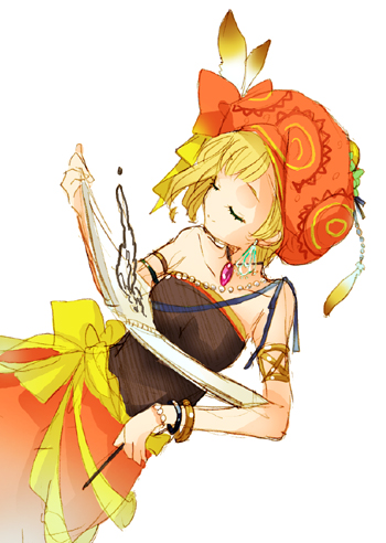 kobayashi kabura, relm arrowny, final fantasy, final fantasy vi, lowres, 1990s (style), 1girl, bare shoulders, blonde hair, choker, closed eyes, earrings, female focus, hat, jewelry, retro artstyle, solo