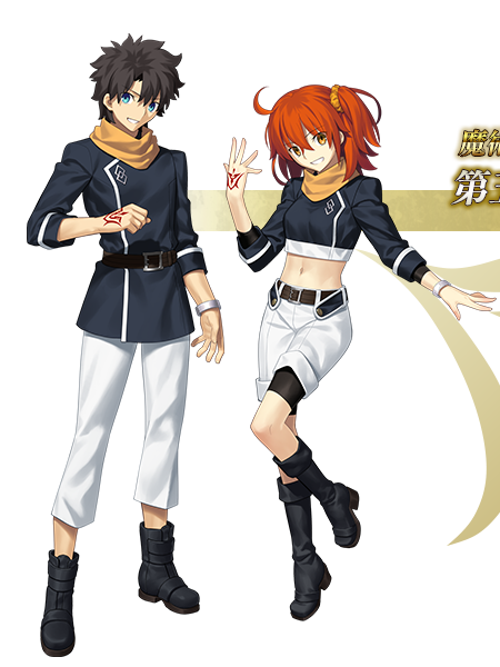 fujimaru ritsuka (female), fujimaru ritsuka (female) (true ether chaldea uniform), fujimaru ritsuka (male), fujimaru ritsuka (male) (true ether chaldea uniform), fate/grand order, fate (series), non-web source, official art, 1boy, 1girl, ahoge, bandana, belt, black belt, black boots, black hair, black shirt, blue eyes, boots, bracelet, breasts, clenched hand, command spell, full body, hair between eyes, hair ornament, hand up, jewelry, looking at viewer, medium breasts, midriff, navel, official alternate costume, one side up, orange bandana, pants, red hair, shirt, short hair, shorts, simple background, smile, standing, standing on one leg, teeth, transparent background, white pants, white shorts, yellow eyes