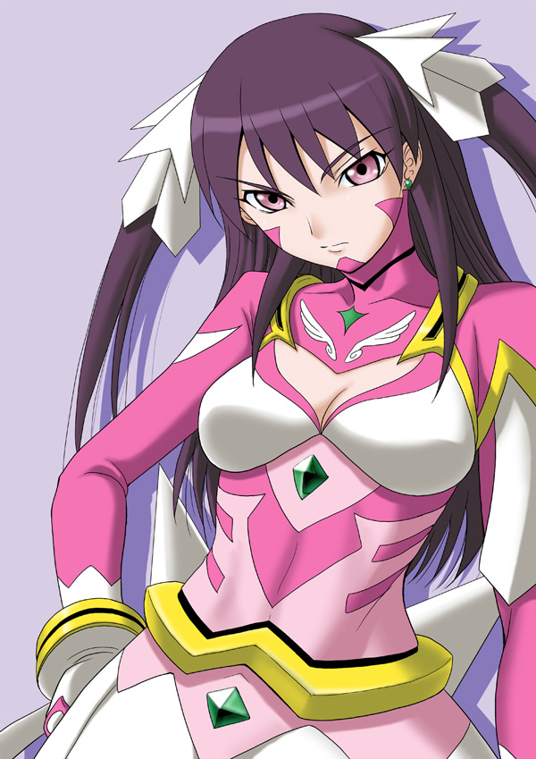 misnon the great, hazakura sakura, my-otome, 00s, 1girl, bodysuit, breasts, cleavage, cleavage cutout, clothing cutout, female focus, large breasts, pink theme, purple eyes, purple hair, solo, twintails