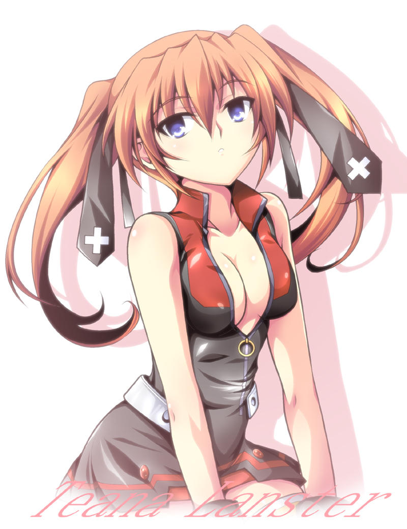 ka2, teana lanster, lyrical nanoha, mahou shoujo lyrical nanoha, mahou shoujo lyrical nanoha strikers, 00s, 1girl, blue eyes, breasts, cleavage, female focus, large breasts, open clothes, open shirt, orange hair, shirt, solo, thighhighs, twintails