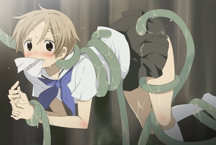 kl (dgzonbi), natsume takashi, natsume yuujinchou, ass grab, 00s, 1boy, ass, black skirt, blush, brown eyes, brown hair, crossdressing, crossdressing (mtf), male focus, miniskirt, mouth hold, pleated skirt, restrained, school uniform, serafuku, short hair, skirt, socks, solo, sweat, tears, tentacles, tentacles on male, trap