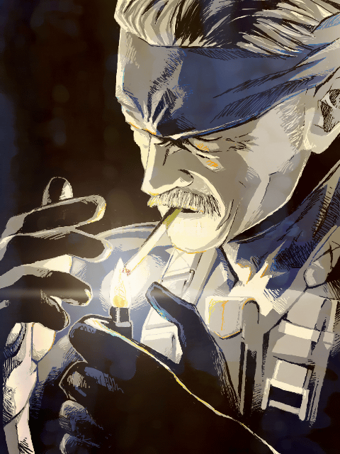 hinoe (dd works), old snake, solid snake, metal gear (series), metal gear solid 4: guns of the patriots, 1boy, cigarette, facial hair, gloves, gradient background, headband, lighter, male focus, manly, mustache, smoking, solo, upper body, white hair