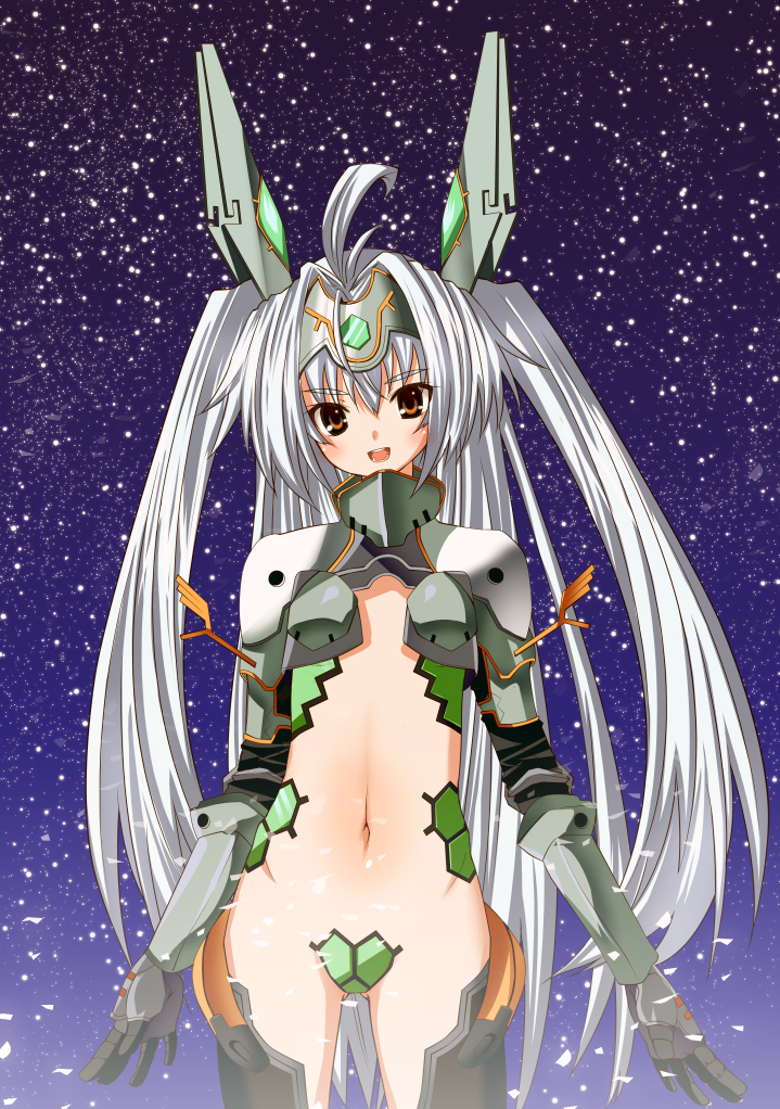 yada ei, sol-valkyr, shirogane no soleil ~valkyr in love~, 1girl, armor, female focus, flat chest, long hair, mecha, mecha musume, midriff, navel, revealing clothes, robot, solo, star (symbol), twintails, very long hair, white hair