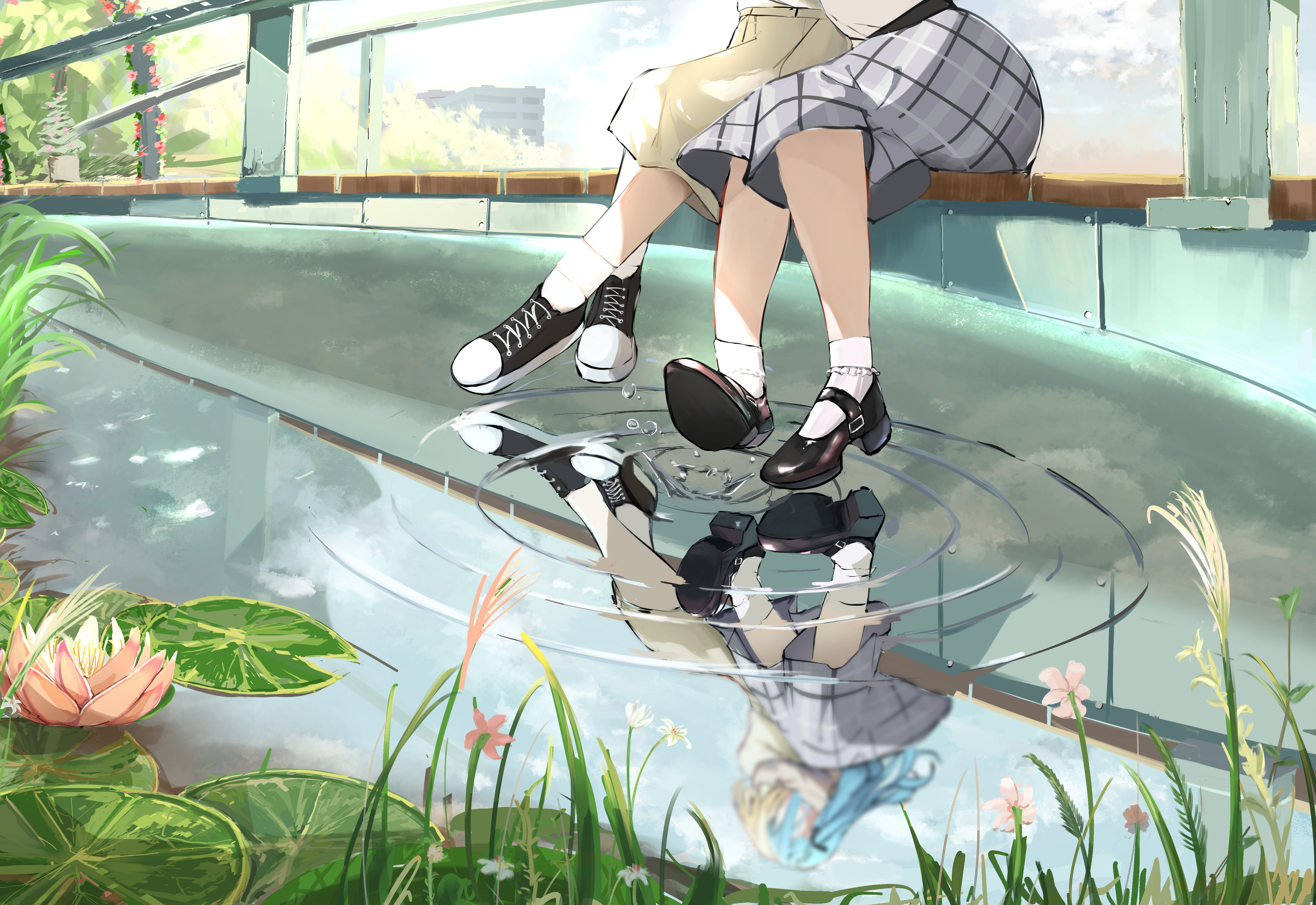 lilachinami, misumi uika, togawa sakiko, bang dream!, bang dream! it's mygo!!!!!, absurdres, commentary request, highres, 2girls, black shoes, brown skirt, grey skirt, lily pad, multiple girls, plant, railing, reflection, reflective water, shoes, sitting, skirt, socks, white socks, yuri