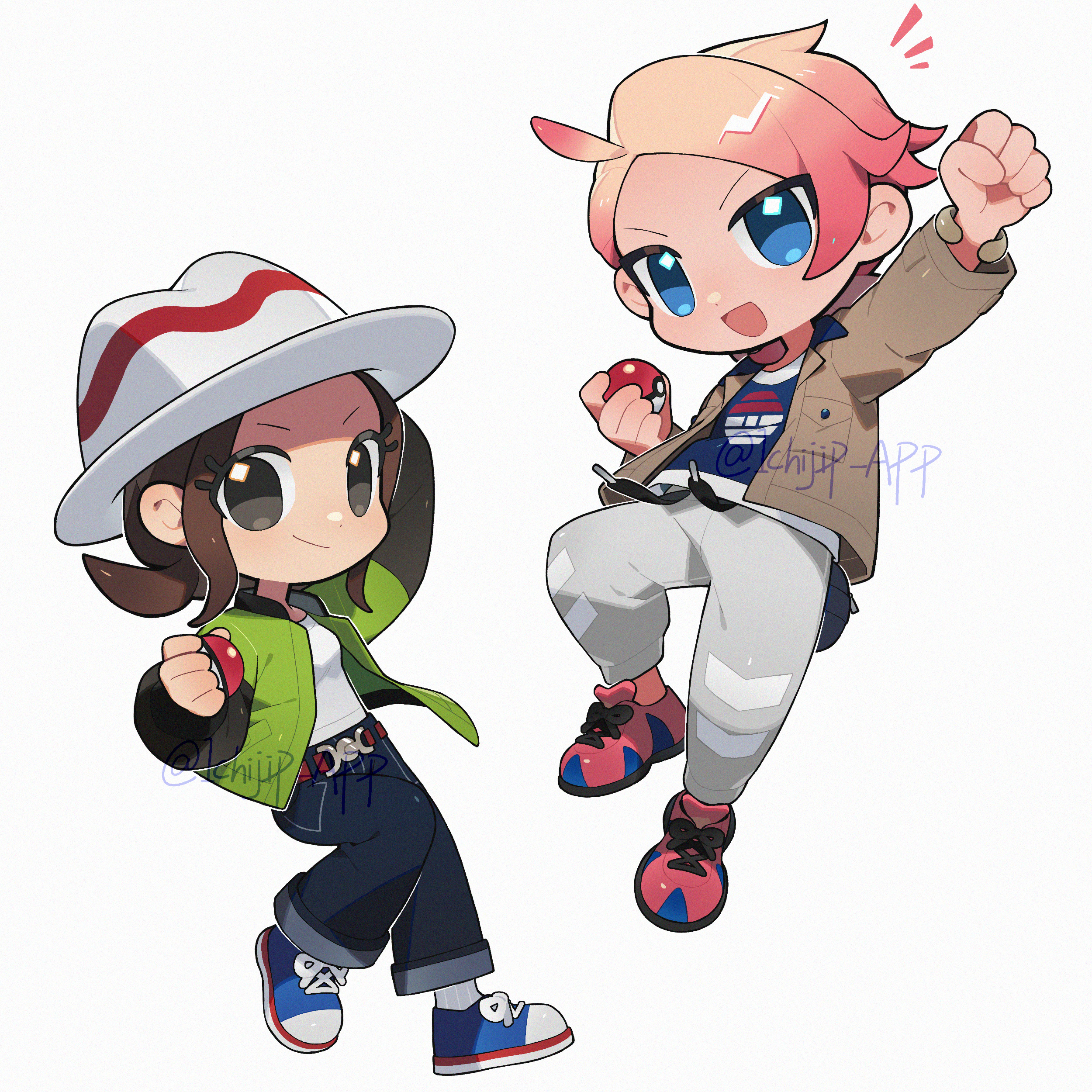 ichijip app, harmony (pokemon), urbain (pokemon), nintendo, pokemon, pokemon legends: z-a, absurdres, commentary, highres, 1boy, 1girl, :d, belt, blue eyes, blue shirt, bracelet, brown belt, brown eyes, brown hair, brown jacket, chibi, chibi only, clenched hand, closed mouth, green jacket, grey pants, hat, holding, holding poke ball, jacket, jewelry, open clothes, open jacket, open mouth, pants, pink shoes, poke ball, poke ball (basic), shirt, shoes, simple background, smile, white background, white shirt