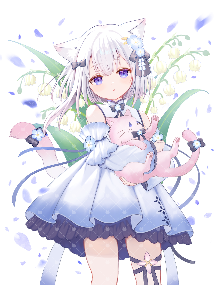 marekamico, indie virtual youtuber, commission, highres, skeb commission, 1girl, amamiya tenka, animal, animal ears, cat, cat ears, cat girl, cat tail, detached sleeves, dress, flower, solo, tail, virtual youtuber, white hair