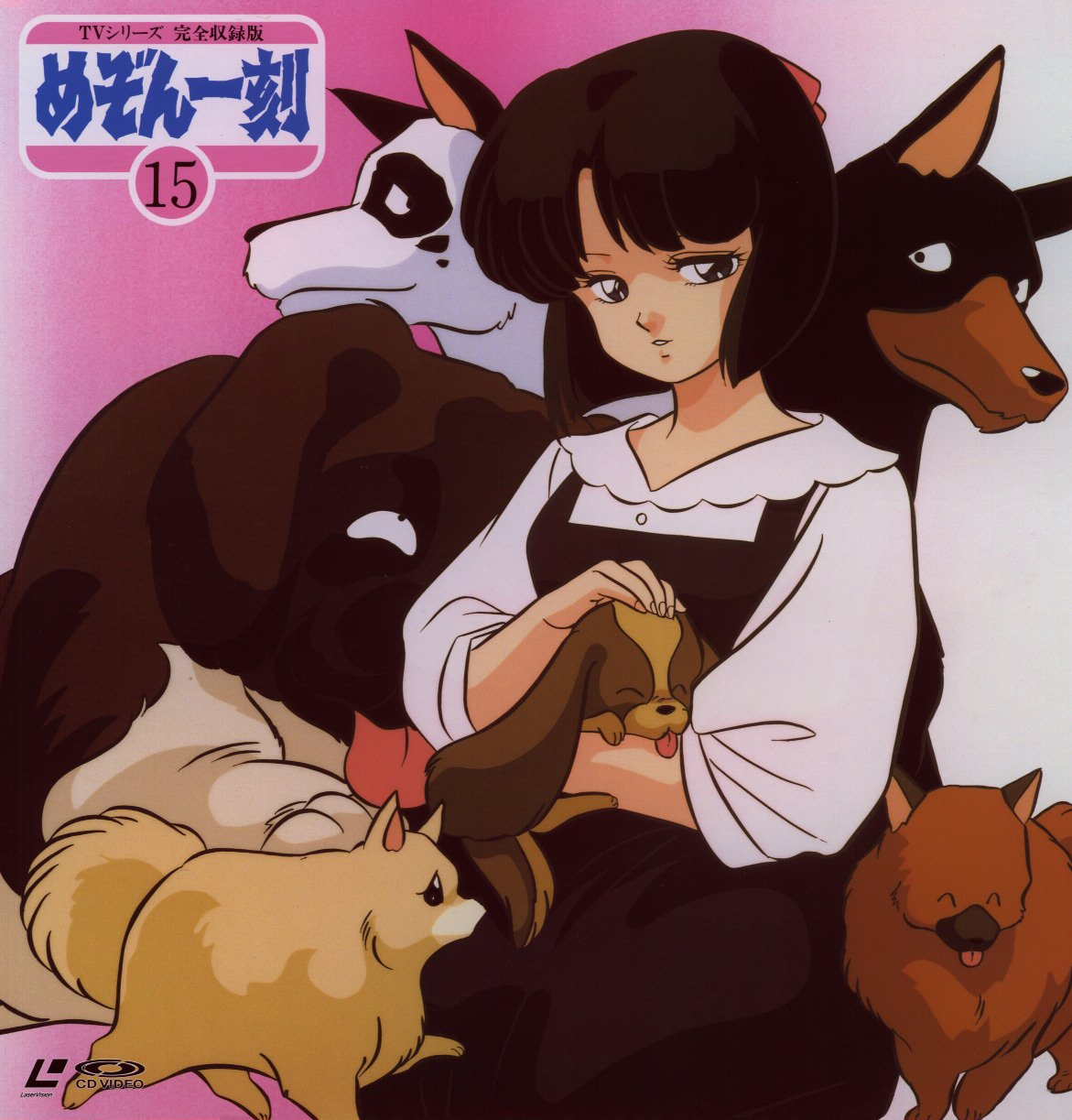 kujo asuna, maison ikkoku, highres, scan, scan artifacts, album cover, brown hair, cover, dog, headpat, multiple dogs, solo