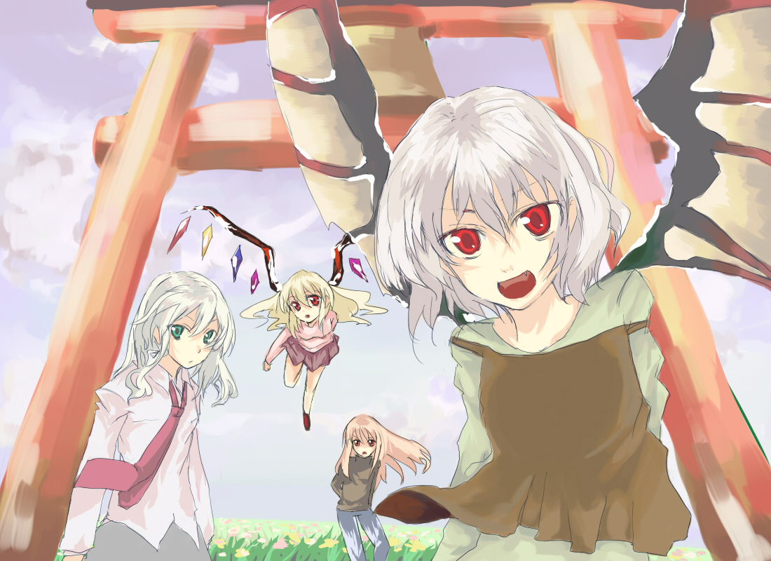 hei (tonarinohey), flandre scarlet, izayoi sakuya, kirisame marisa, remilia scarlet, touhou, bad id, bad pixiv id, 4girls, alternate costume, bat wings, blonde hair, casual, contemporary, fang, female focus, multiple girls, torii, wings