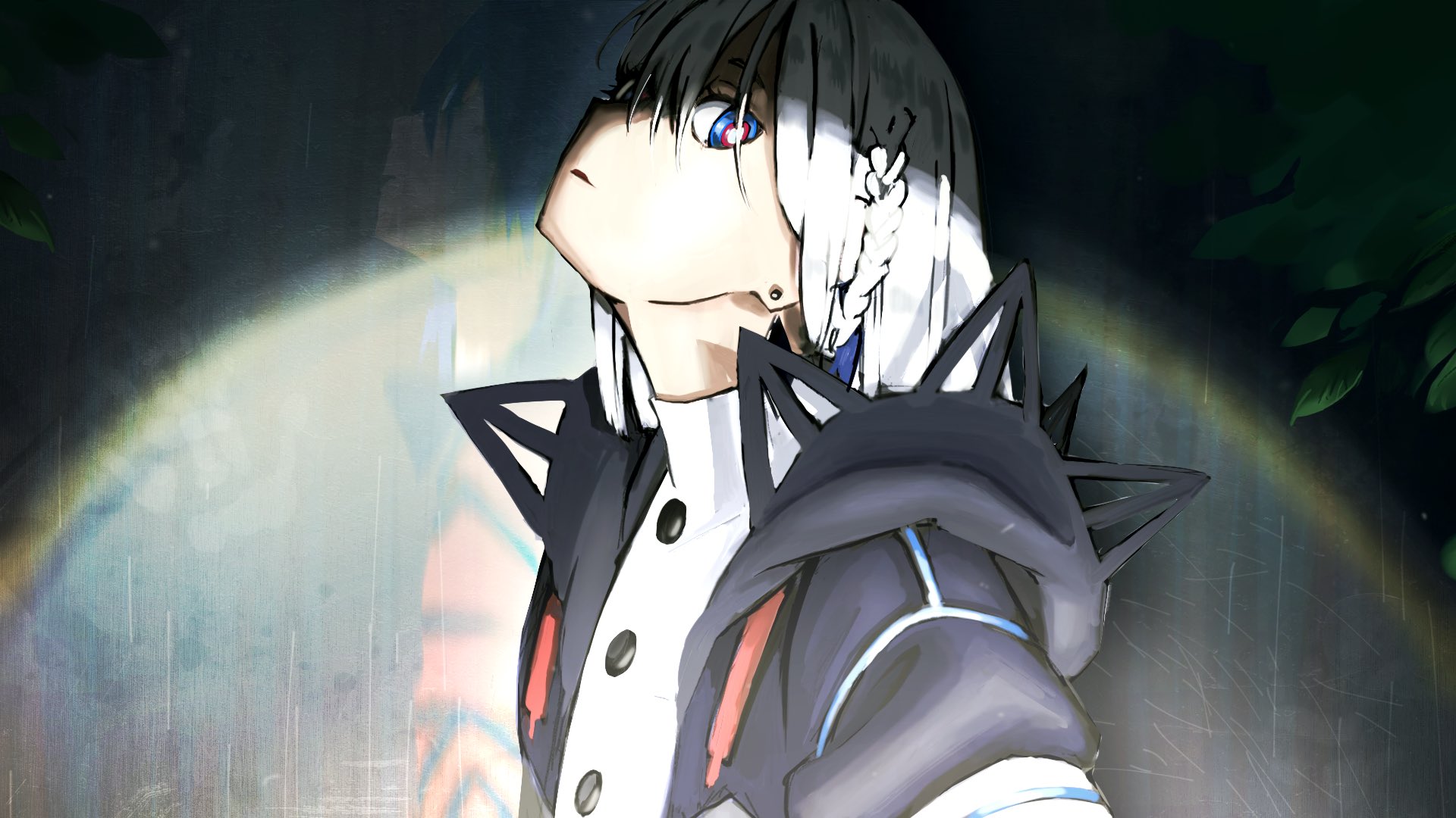 shimatsuku, rim (kamitsubaki studio), rime (cevio), cevio, kamitsubaki studio, commentary request, highres, 2girls, black jacket, blue eyes, blue hair, braid, colored inner hair, different reflection, dress, dual persona, earrings, from side, head back, hood, hood down, jacket, jewelry, looking to the side, multicolored eyes, multicolored hair, multiple girls, open clothes, open jacket, parted lips, plant, red eyes, reflection, ringed eyes, shadow, short hair, side braid, spotlight, stud earrings, turtleneck, turtleneck dress, upper body, white dress, white hair