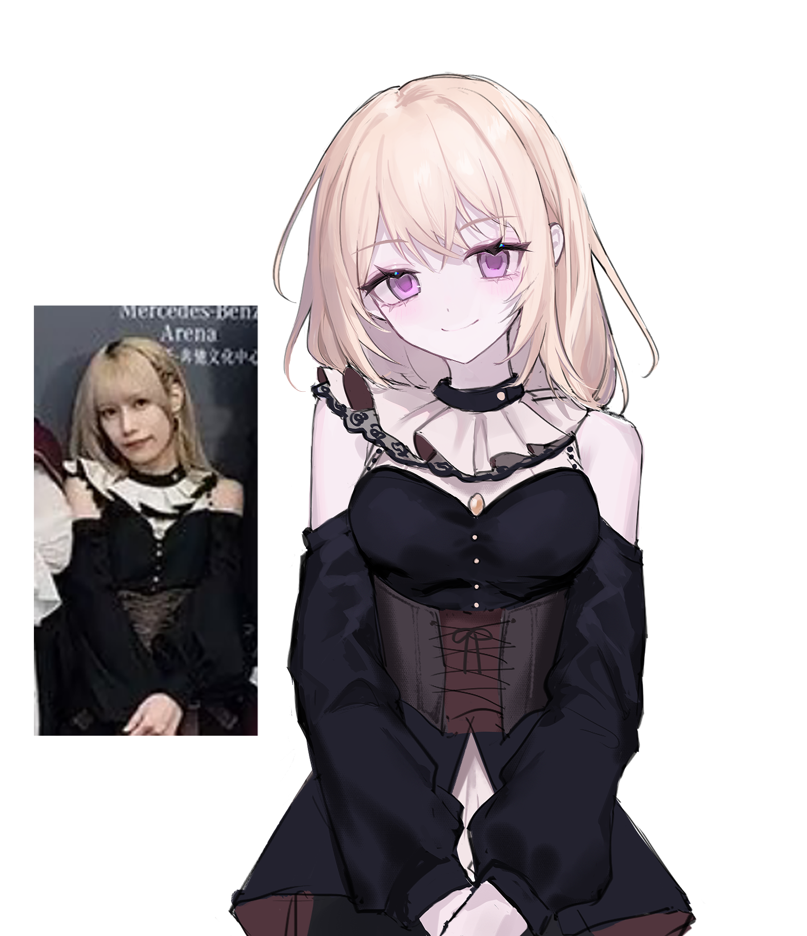 momoimonaka, doloris (bang dream!), misumi uika, bang dream!, bang dream! it's mygo!!!!!, chinese commentary, commentary request, highres, photo-referenced, 1girl, black dress, blonde hair, brown corset, closed mouth, clothing cutout, corset, dress, long sleeves, medium hair, purple eyes, reference inset, sasaki rico (voice actor), shoulder cutout, simple background, voice actor connection, white background
