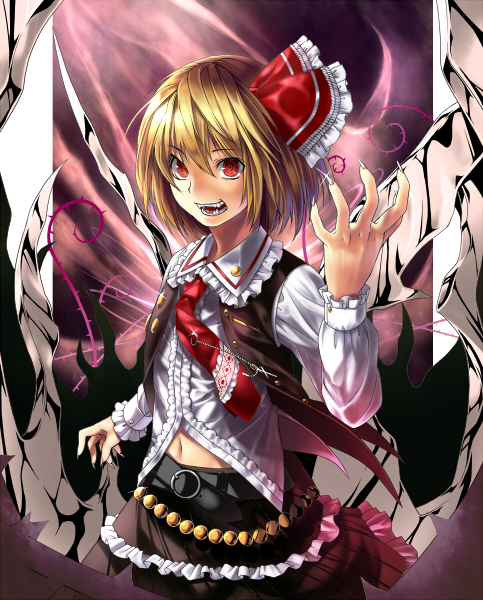 inuzuka bouru, rumia, embodiment of scarlet devil, touhou, bad id, bad pixiv id, 1girl, blonde hair, female focus, navel, red eyes, ribbon, short hair, solo, standing