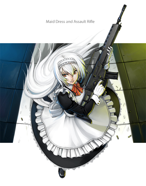 kurojishi, heckler & koch, original, bad id, bad pixiv id, 1girl, apron, assault rifle, bow, brown eyes, combat maid, dress, female focus, frills, from above, gloves, gun, h&k g36, long hair, maid, maid apron, maid headdress, red eyes, rifle, smile, solo, weapon, white hair