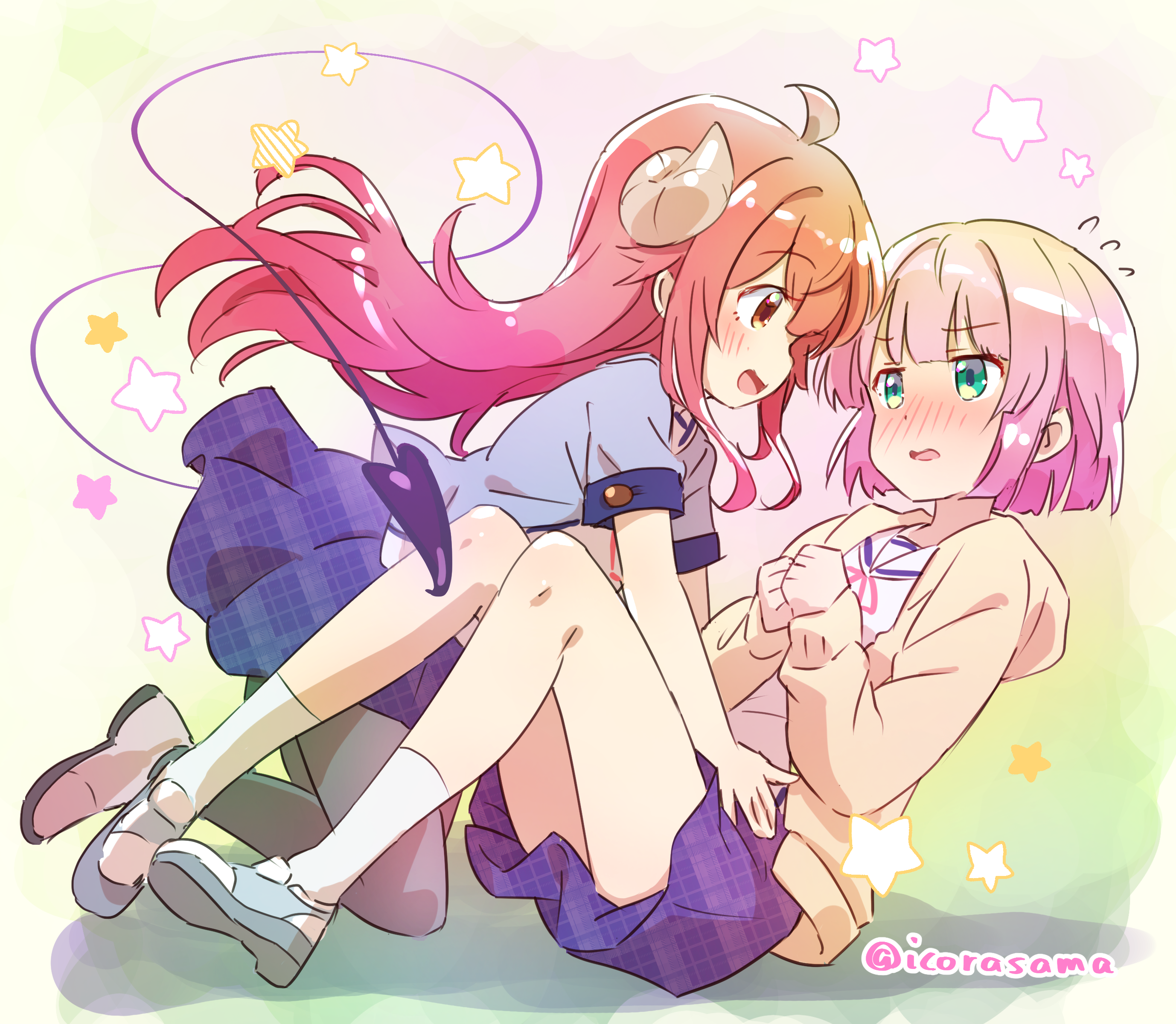 icorasama, chiyoda momo, yoshida yuuko, machikado mazoku, absurdres, highres, 2girls, blue skirt, blush, brown eyes, brown horns, demon girl, demon horns, demon tail, eye contact, green eyes, horns, long hair, looking at another, multiple girls, open mouth, pink hair, red hair, short hair, skirt, socks, tail, white socks, yuri