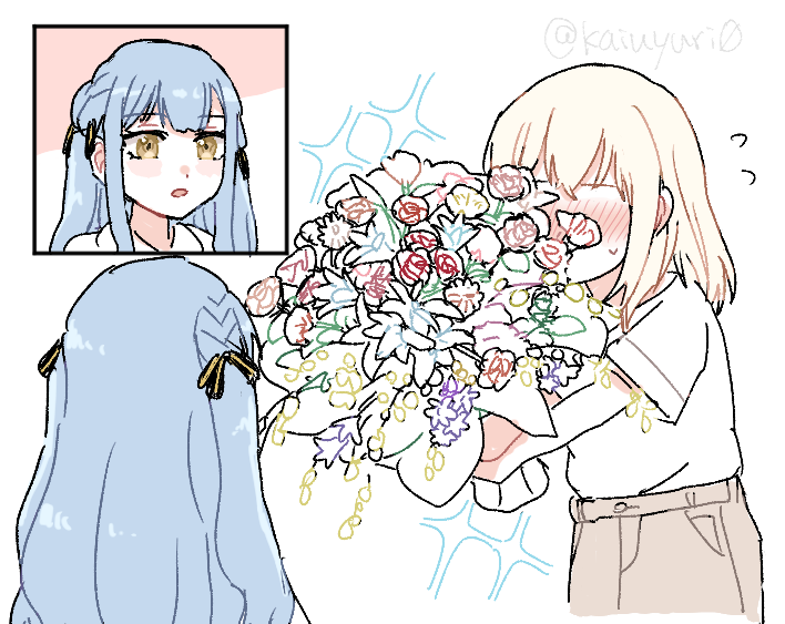 penguinbu, misumi uika, togawa sakiko, bang dream!, bang dream! it's mygo!!!!!, commentary, symbol-only commentary, 2girls, black ribbon, blonde hair, blue hair, blush, bouquet, brown skirt, flower, flying sweatdrops, hair ribbon, holding, holding bouquet, long hair, medium hair, multiple girls, ribbon, shirt, skirt, sparkle, two side up, white shirt, yellow eyes, yuri