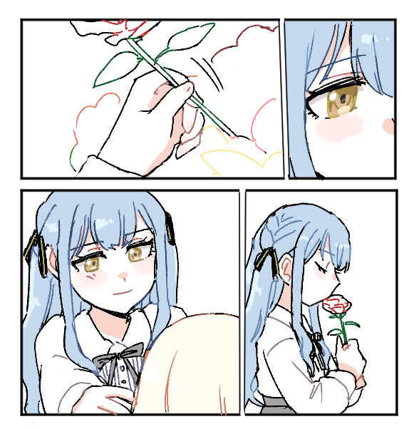 penguinbu, misumi uika, togawa sakiko, bang dream!, bang dream! it's mygo!!!!!, commentary, symbol-only commentary, 2girls, black ribbon, blonde hair, blue hair, closed eyes, flower, hair ribbon, holding, holding flower, kissing flower, multiple girls, red flower, red rose, ribbon, rose, two side up, yellow eyes