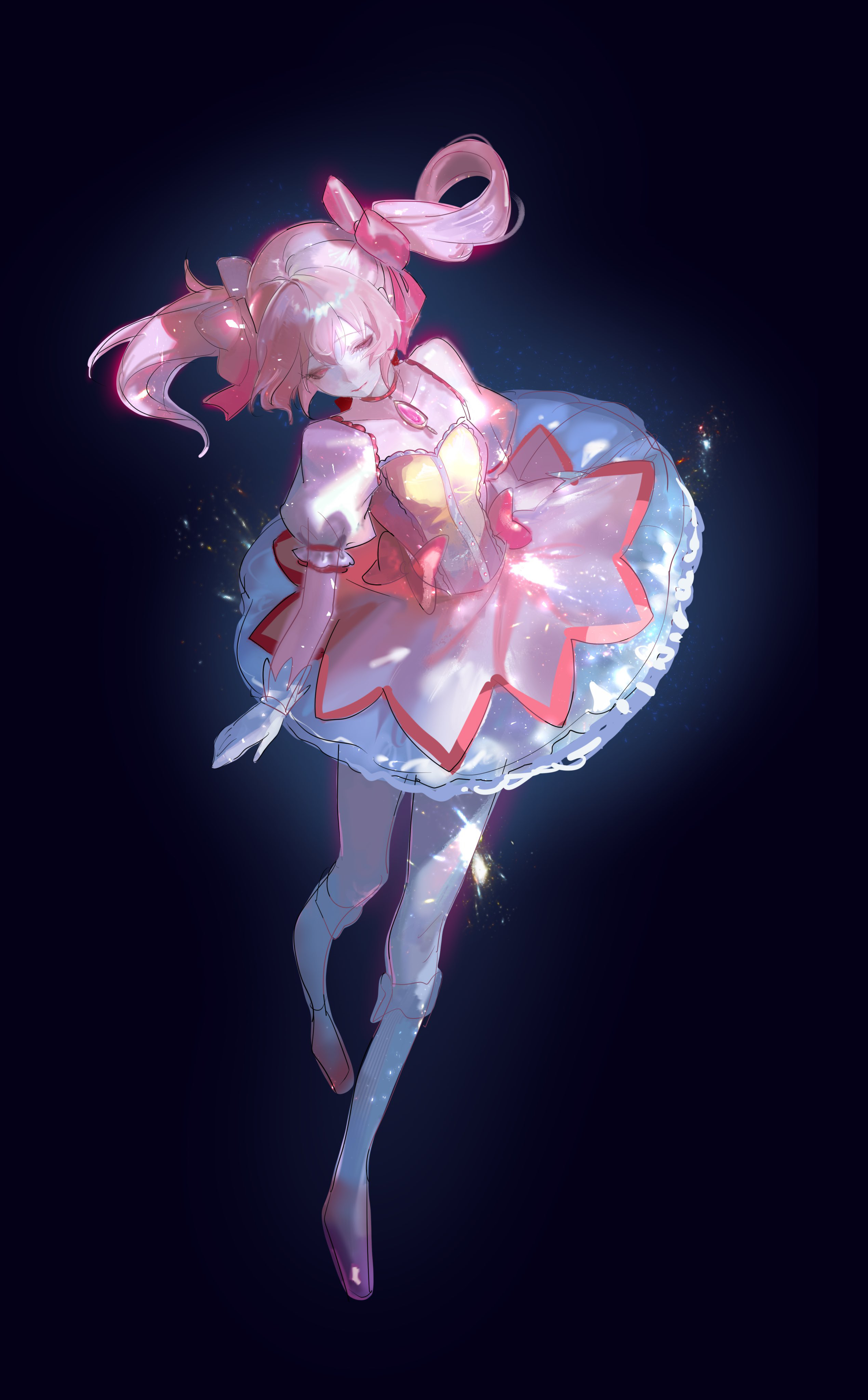 sei (sei9292a), kaname madoka, kaname madoka (magical girl), mahou shoujo madoka magica, mahou shoujo madoka magica (anime), absurdres, highres, 1girl, black background, bow, bow choker, bubble skirt, choker, collarbone, dress, frilled sleeves, frills, gem, gloves, looking down, magical girl, pink dress, pink eyes, pink hair, red bow, red choker, short sleeves, short twintails, skirt, socks, solo, twintails, white gloves, white socks